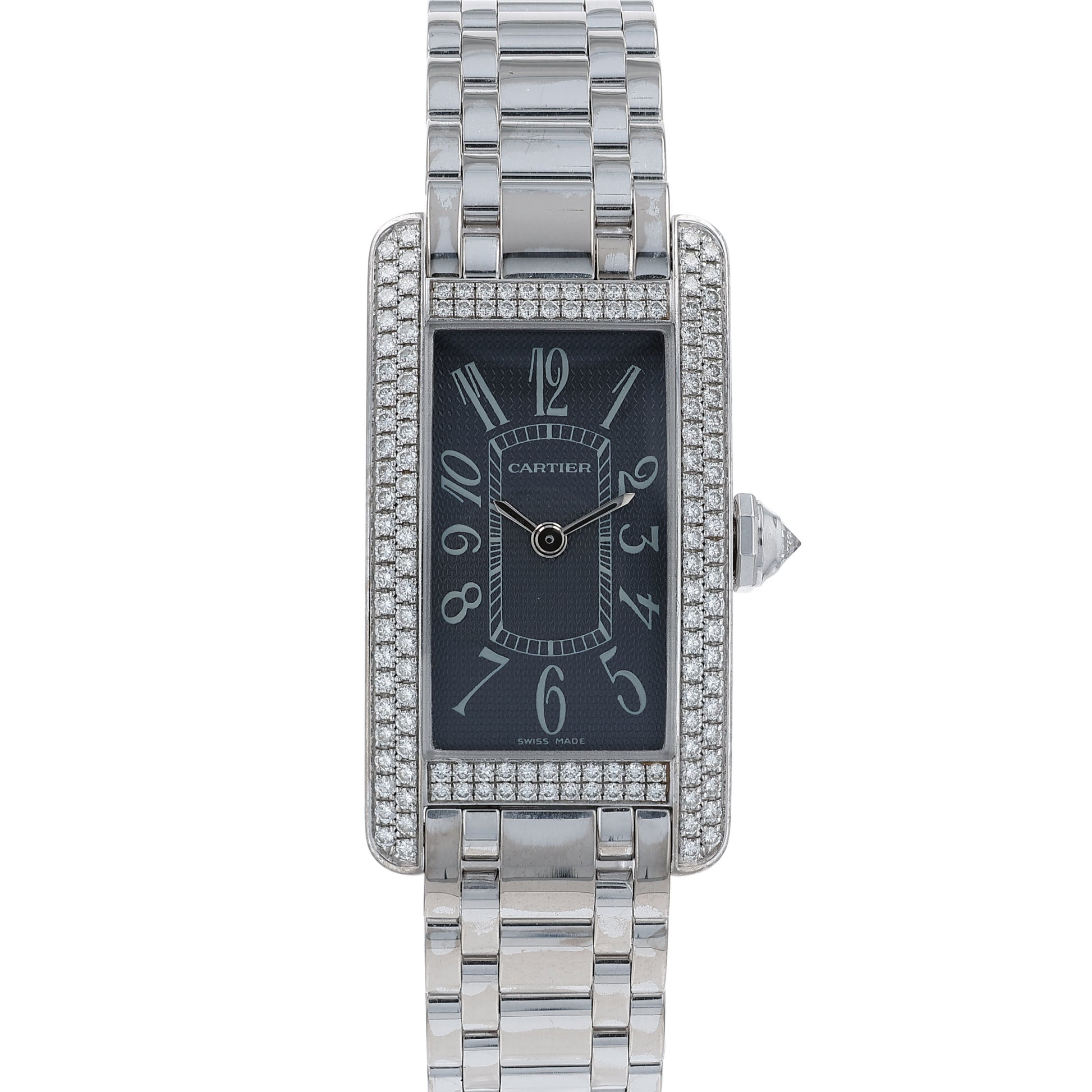Cartier watch with a diamond bezel and grey dial on a white background