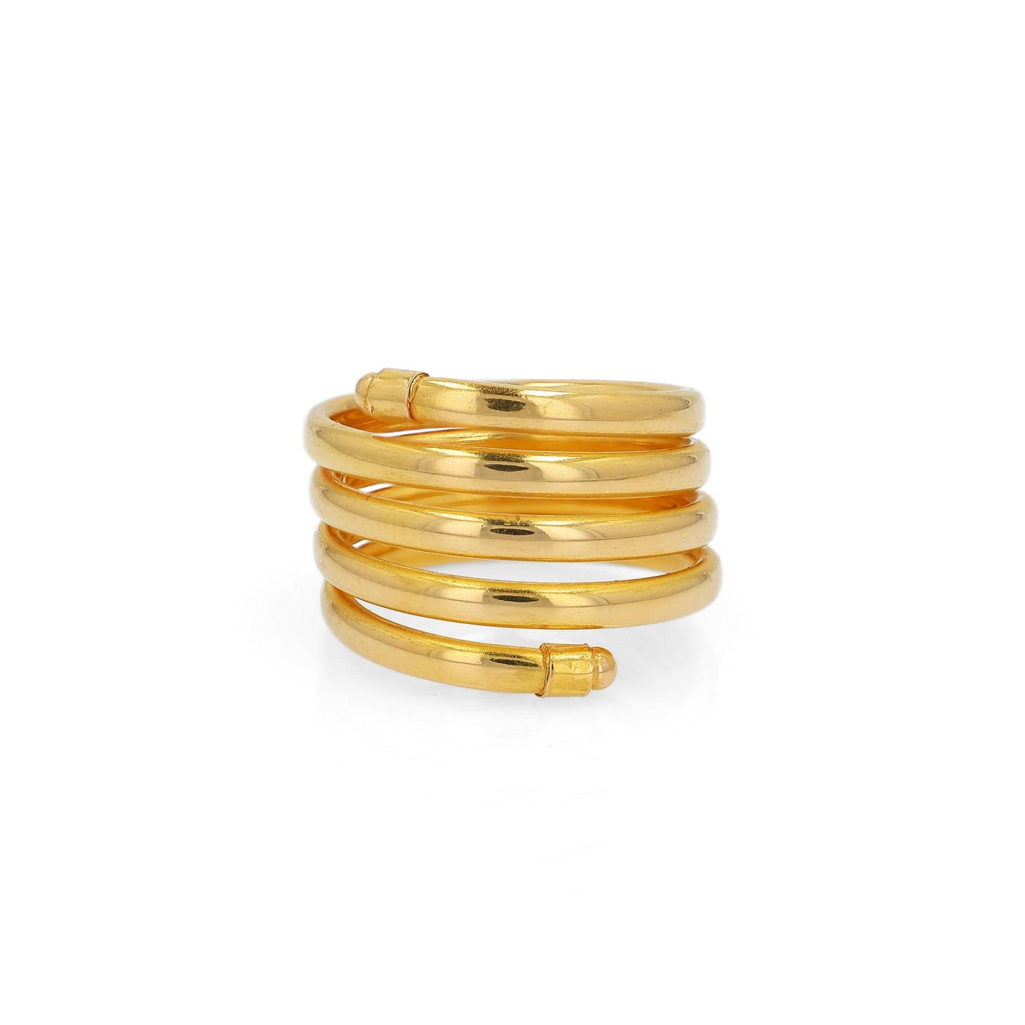 A gold wrap ring with multiple polished bands coiled around each other, shown on a clean white background.