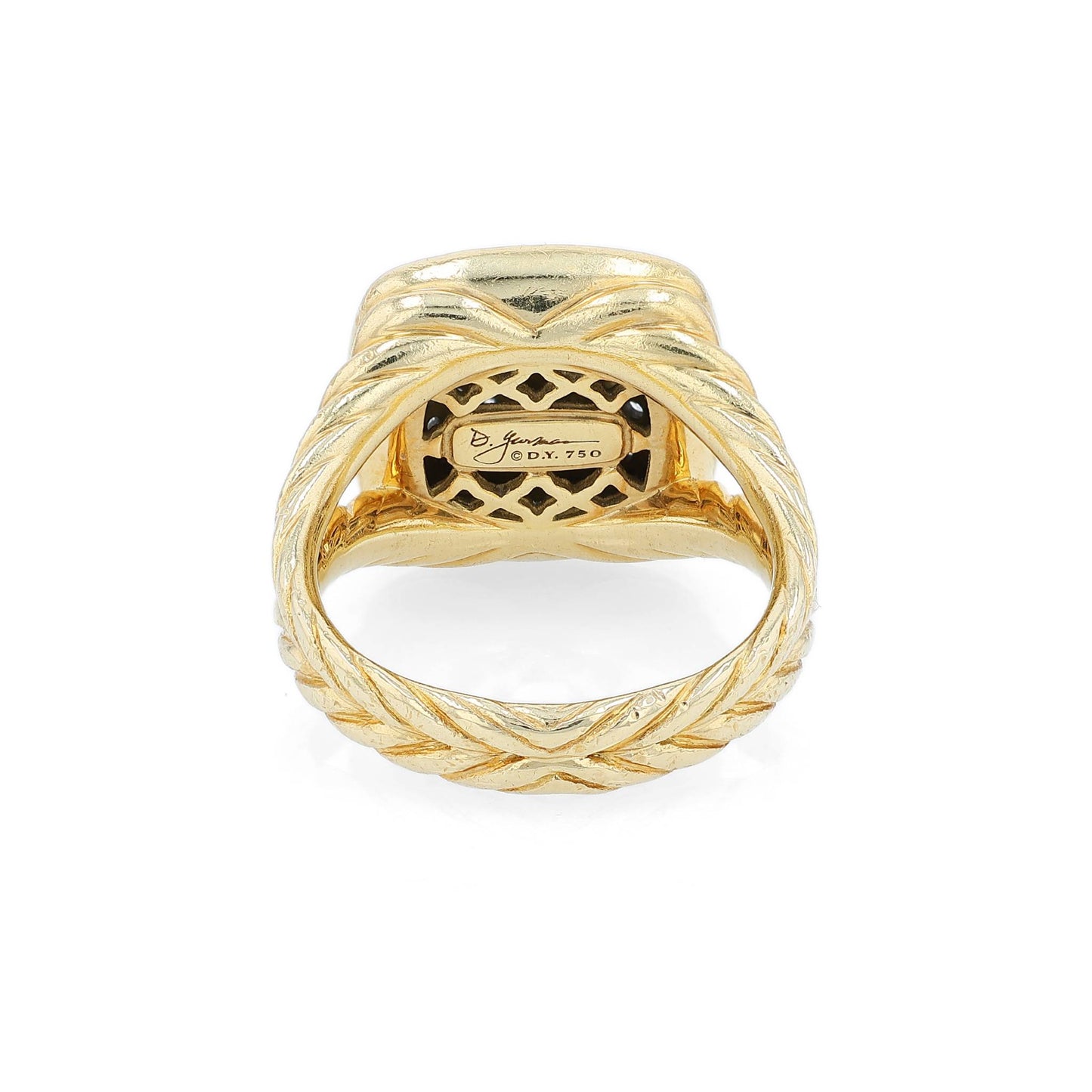 David Yurman yellow gold split cable shank pave top diamond ring on a white background
