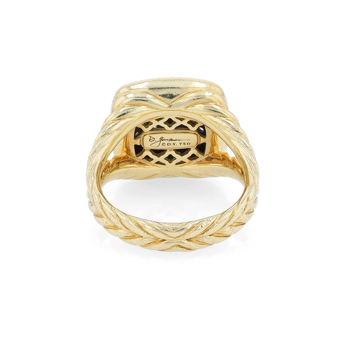 David Yurman yellow gold split cable shank pave top diamond ring on a white background