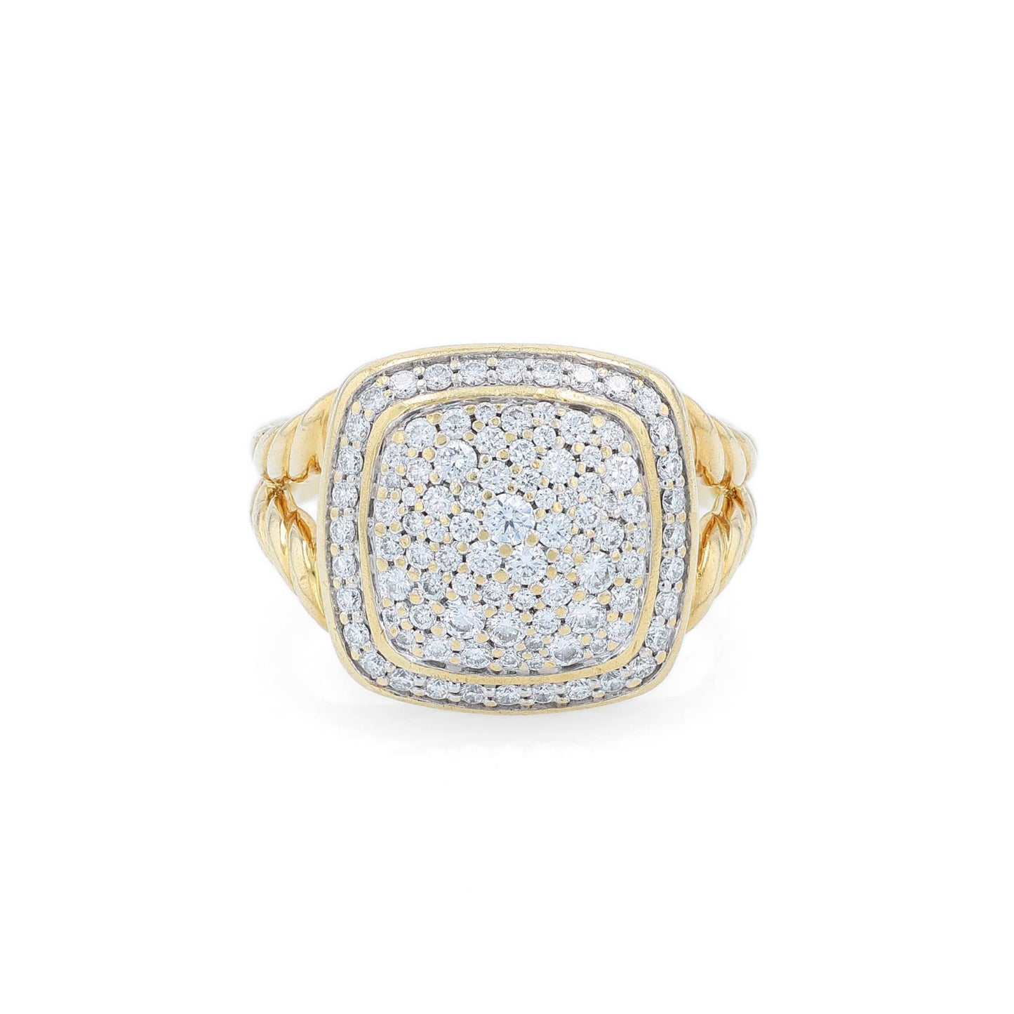 David Yurman yellow gold split cable shank pave top diamond ring on a white background