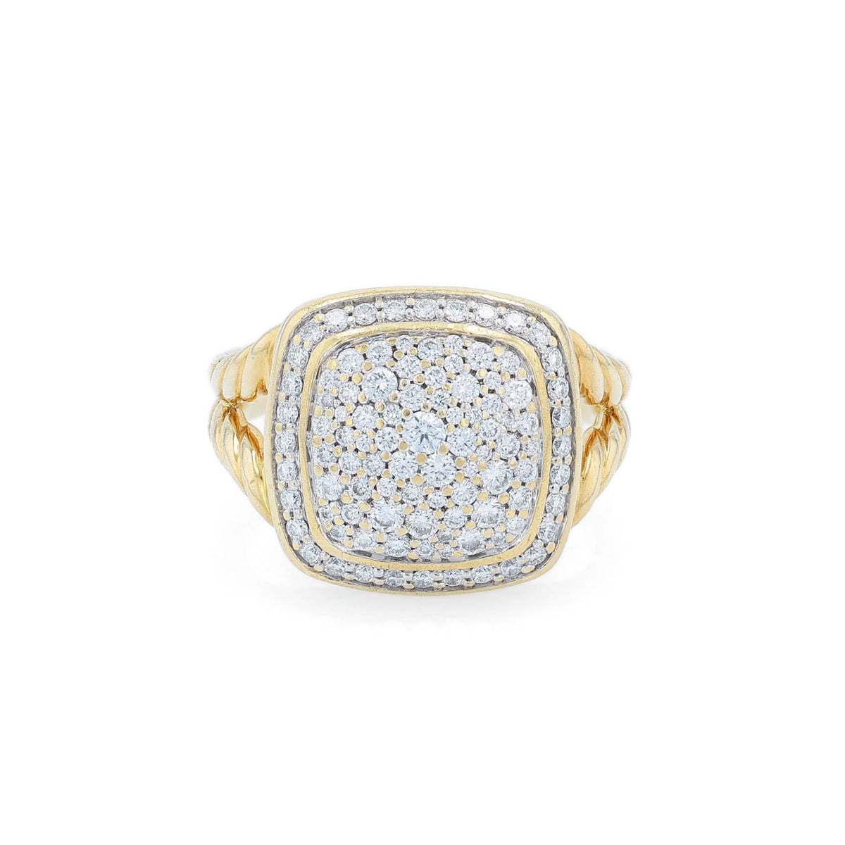 David Yurman yellow gold split cable shank pave top diamond ring on a white background