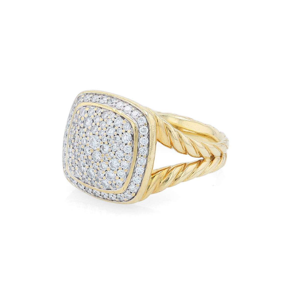 David Yurman yellow gold split cable shank pave top diamond ring on a white background