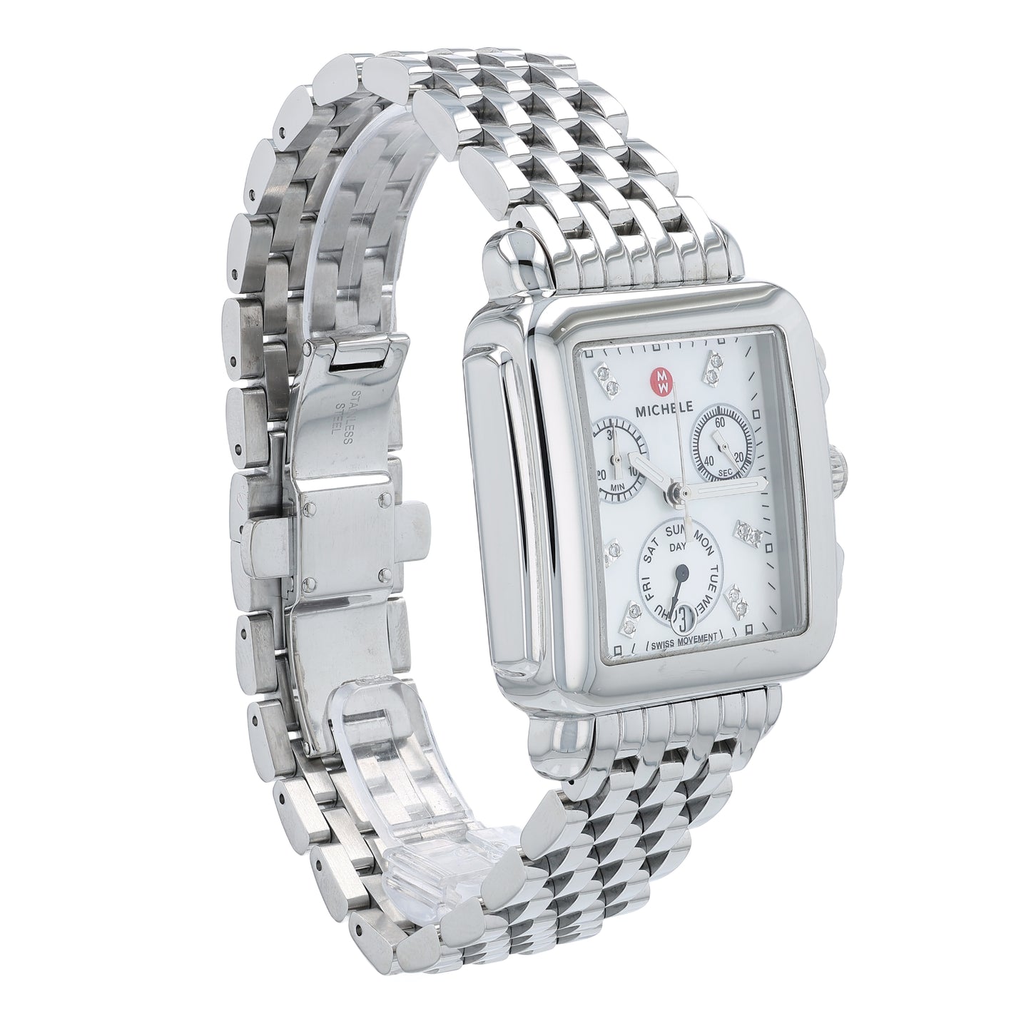 Angle of a silver Michele watch with a mother of pearl and diamond dial on a white background
