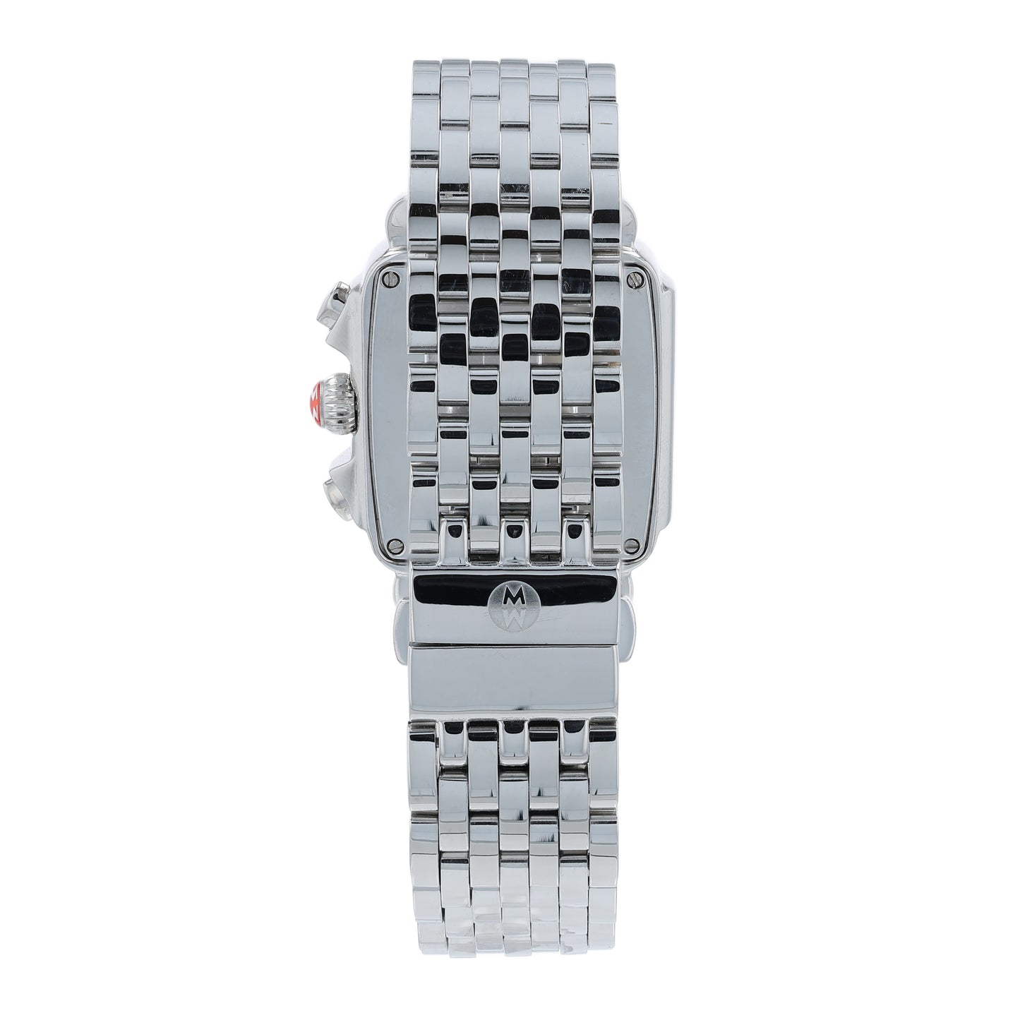 Back angle of a silver Michele watch on a white background