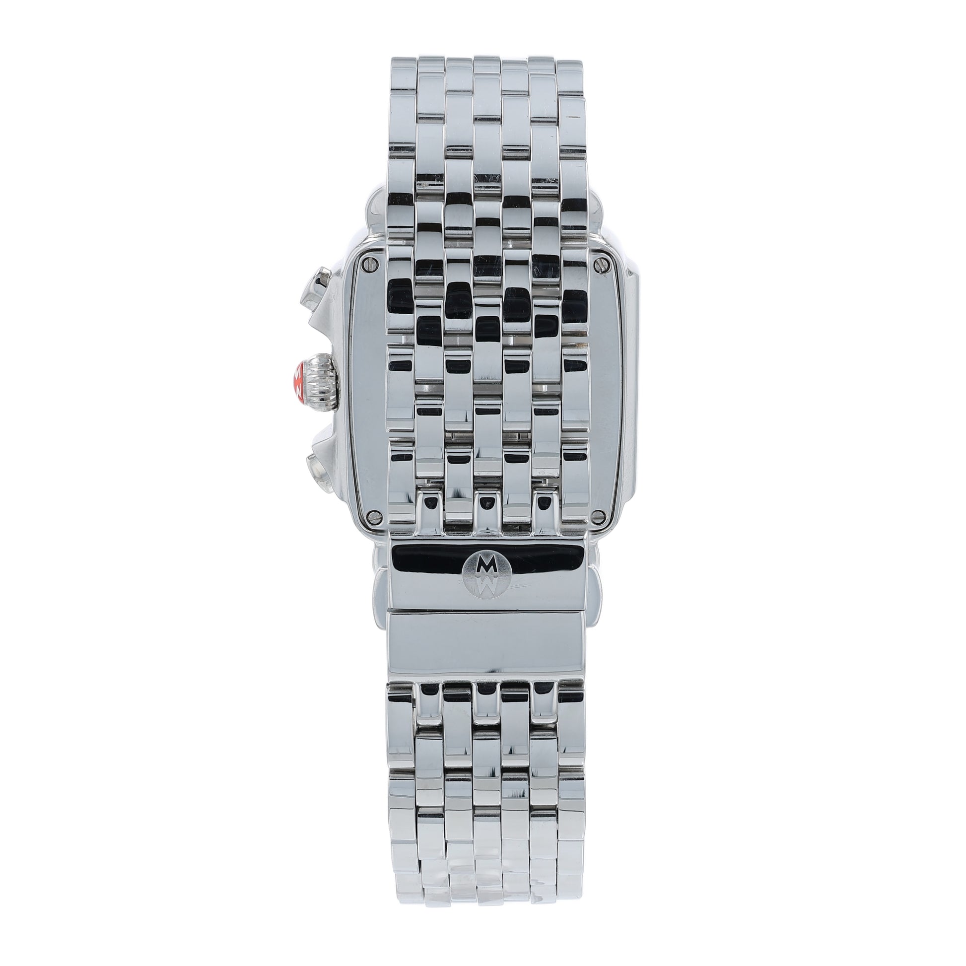 Back angle of a silver Michele watch on a white background