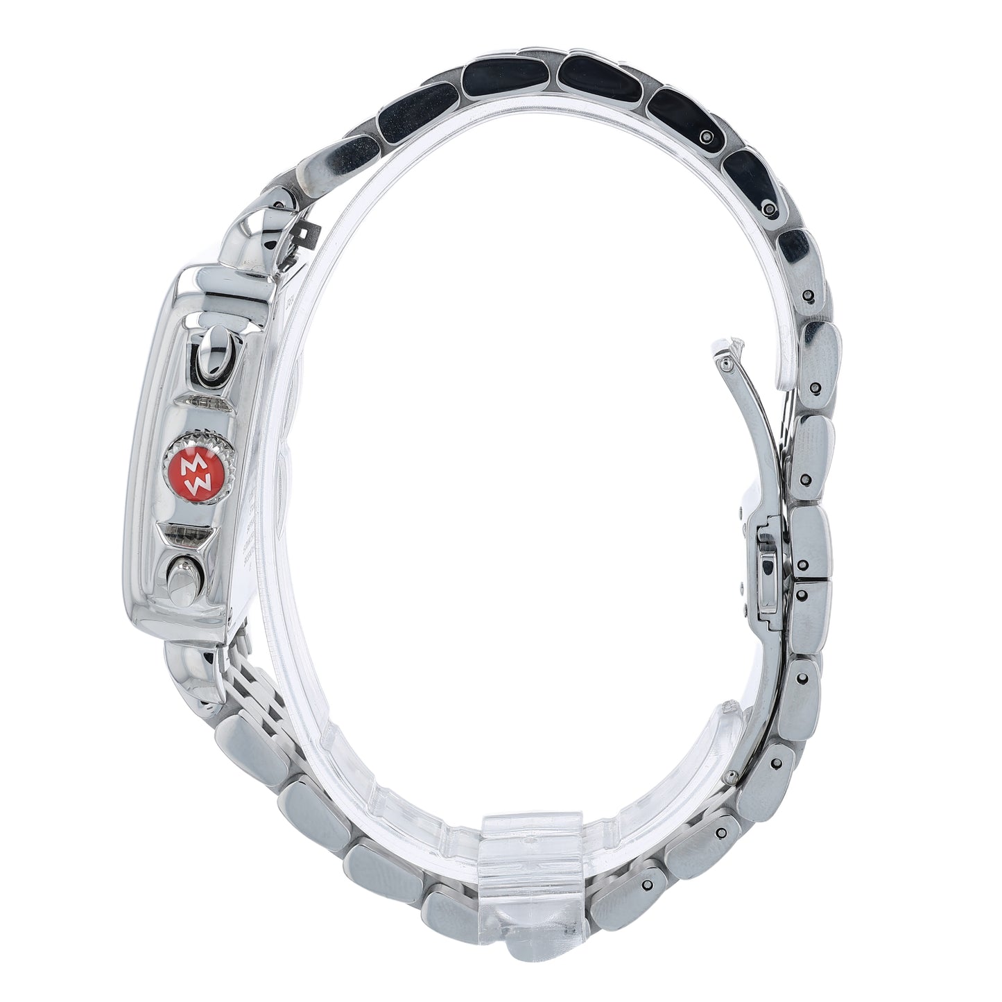 Side profile of a silver Michele watch on a white background