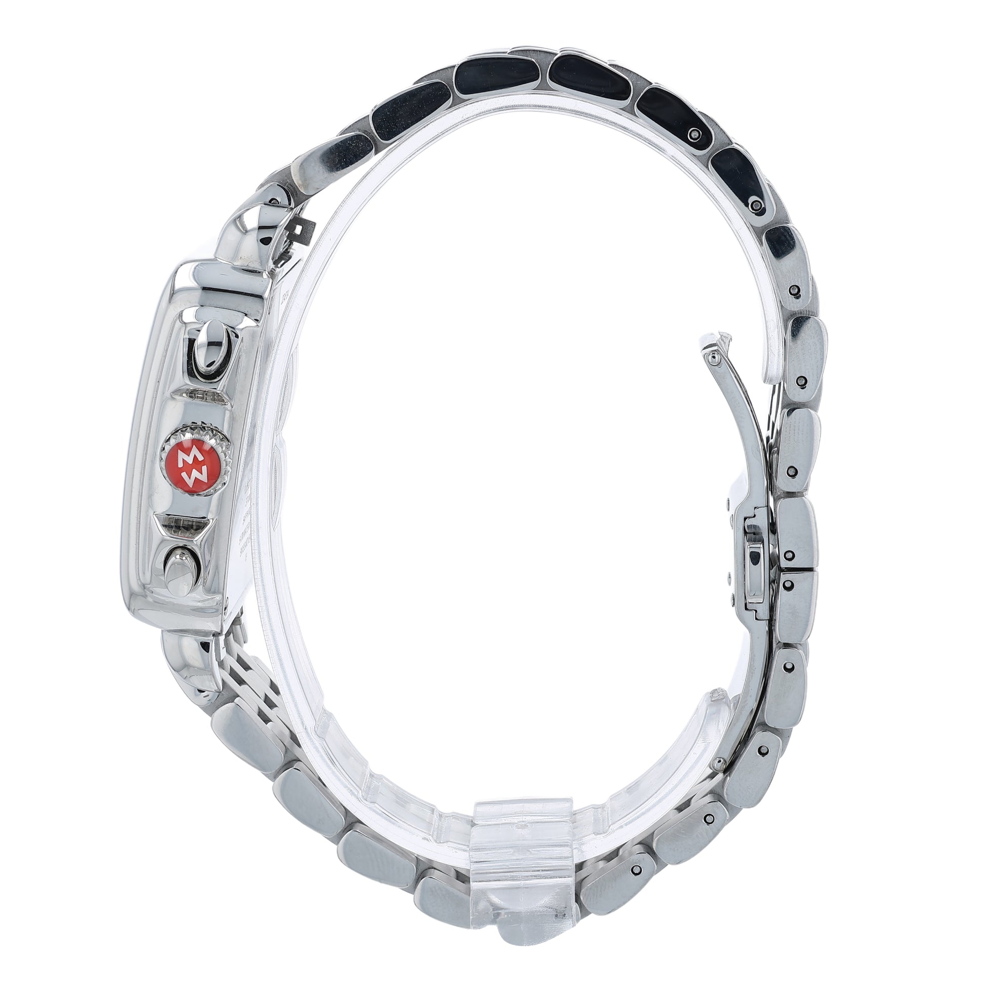 Side profile of a silver Michele watch on a white background