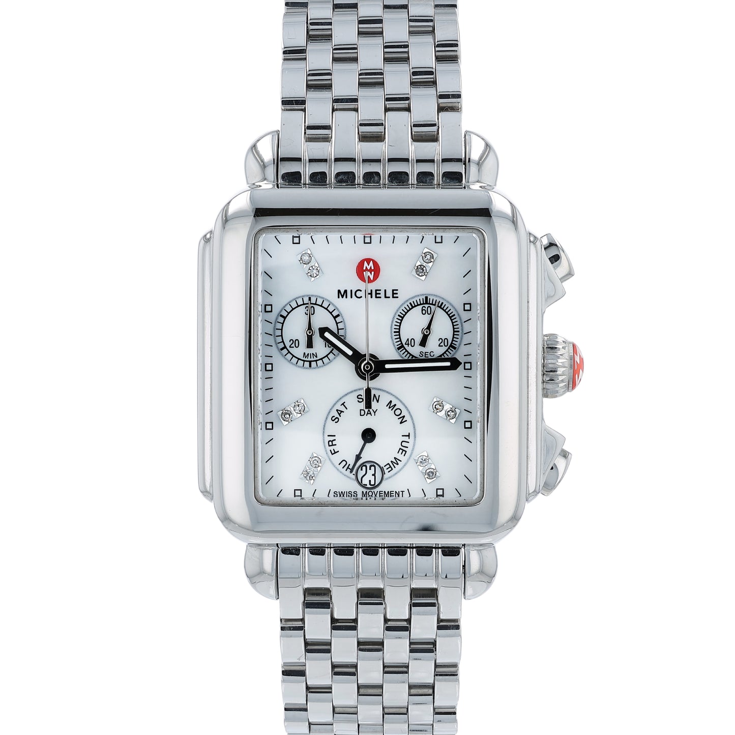 Silver Michele watch with a mother of pearl and diamond dial on a white background