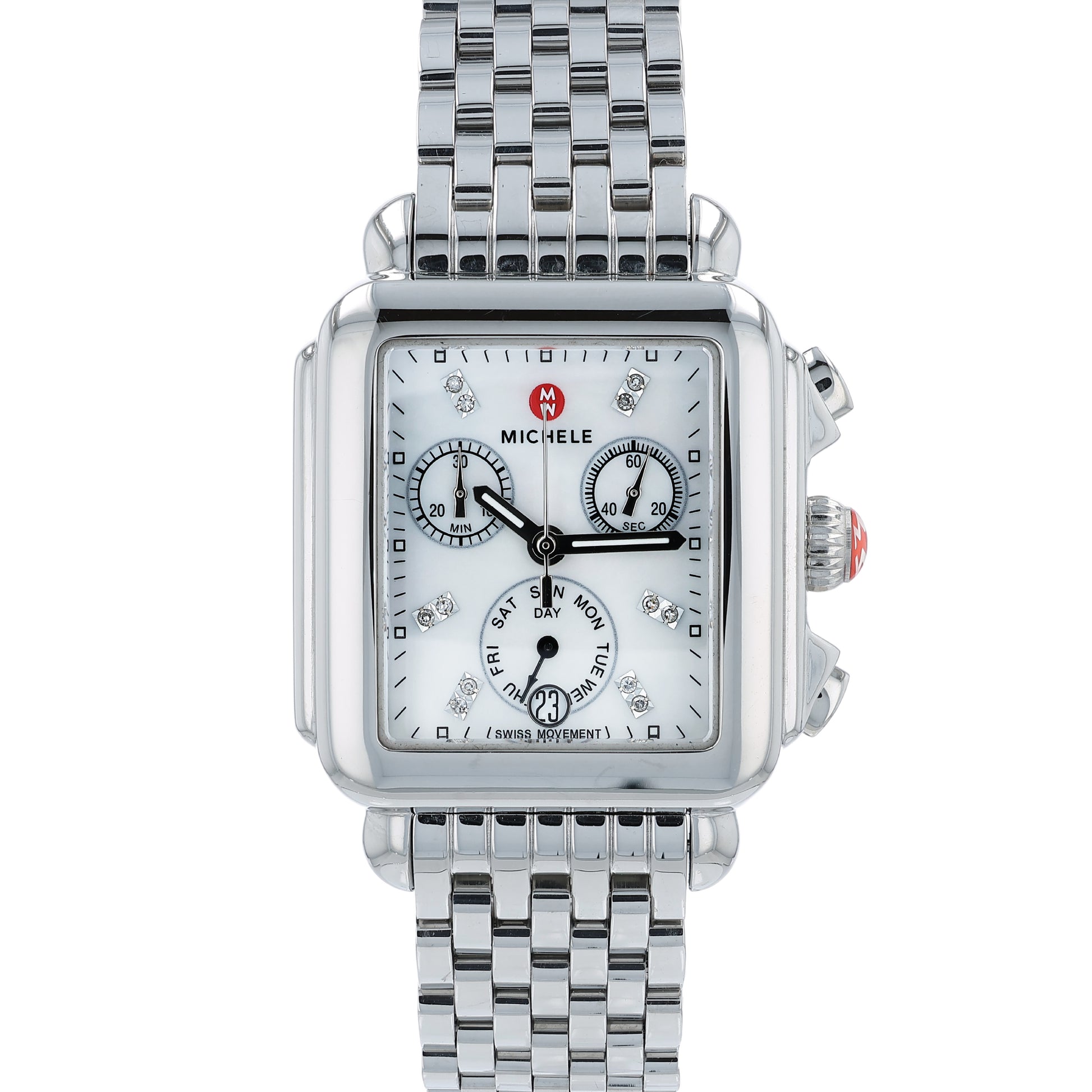 Silver Michele watch with a mother of pearl and diamond dial on a white background