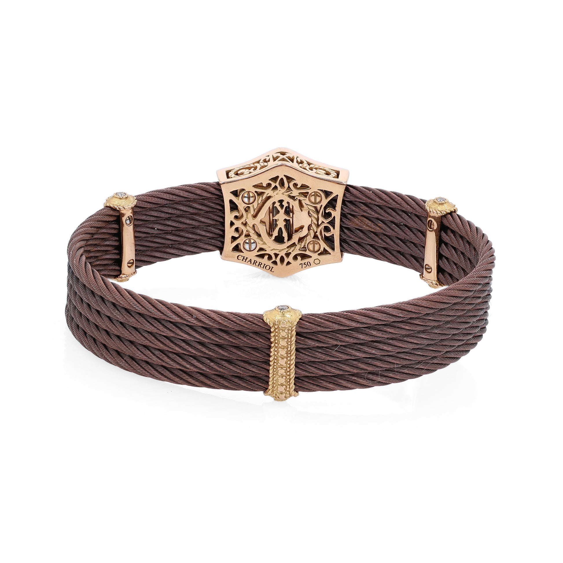 Brown steel braided bracelet with gold clasp on a white background
