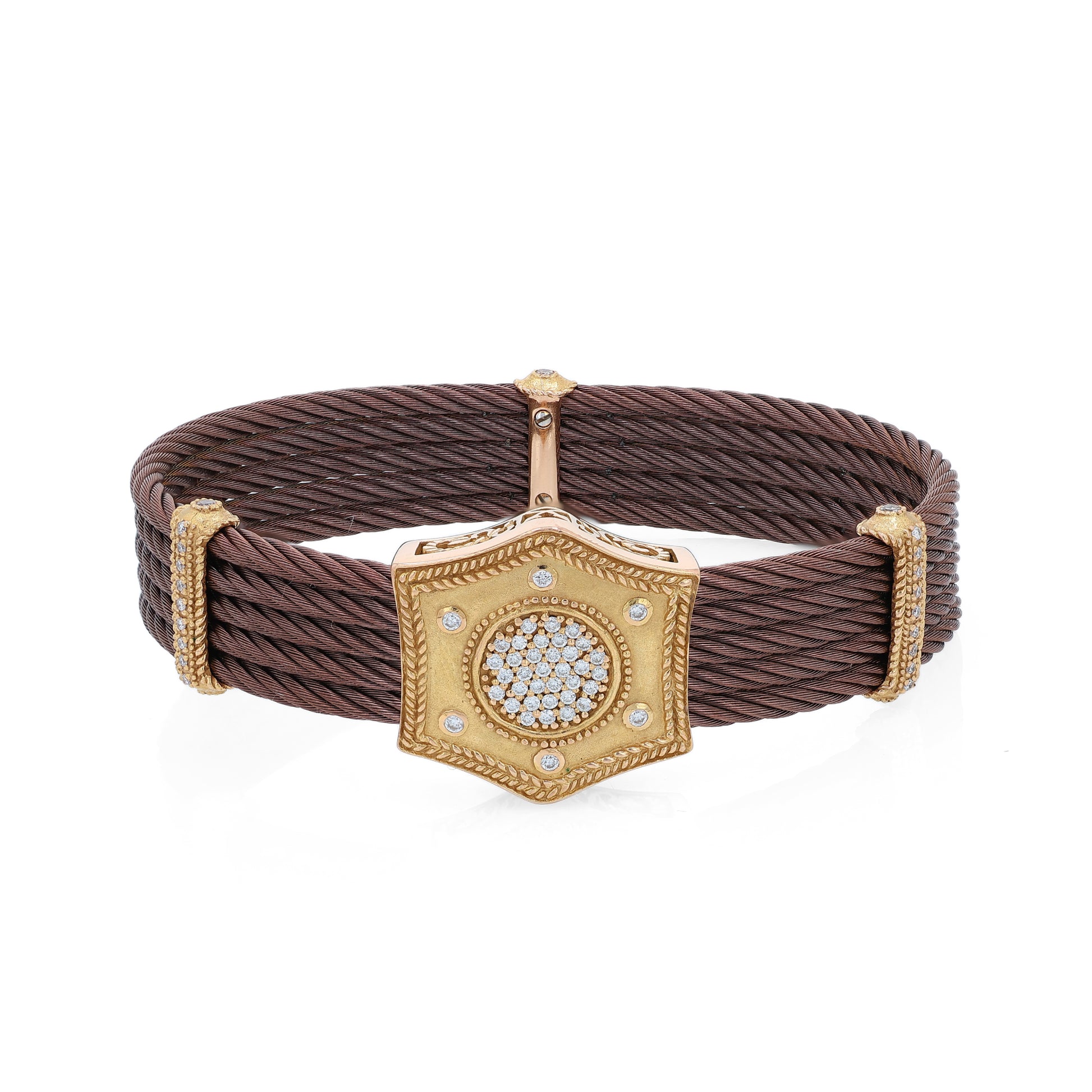 Brown braided bracelet with a gold clasp featuring a diamond-studded center on a white background
