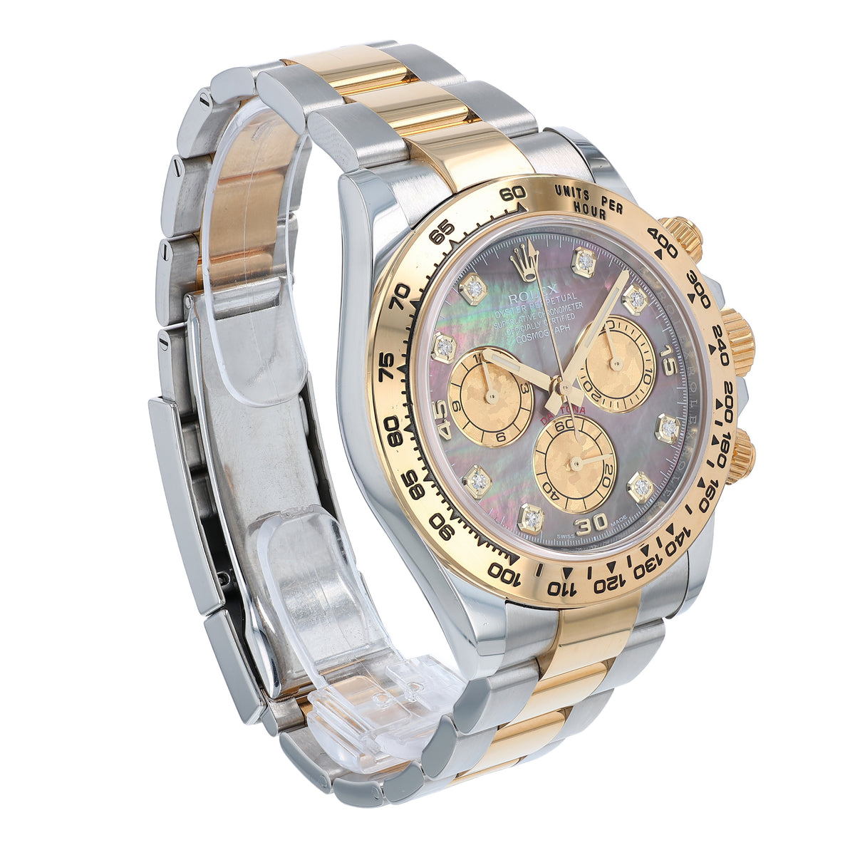Angle of a two-tone Rolex watch with a grey mother of pearl dial and gold sub dials on a white background
