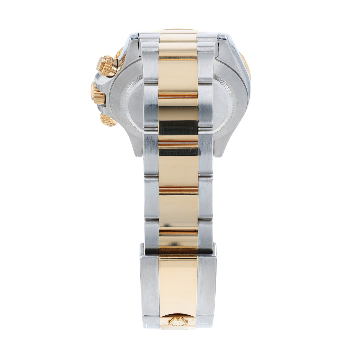 Back angle of a two-tone Rolex watch on a white background