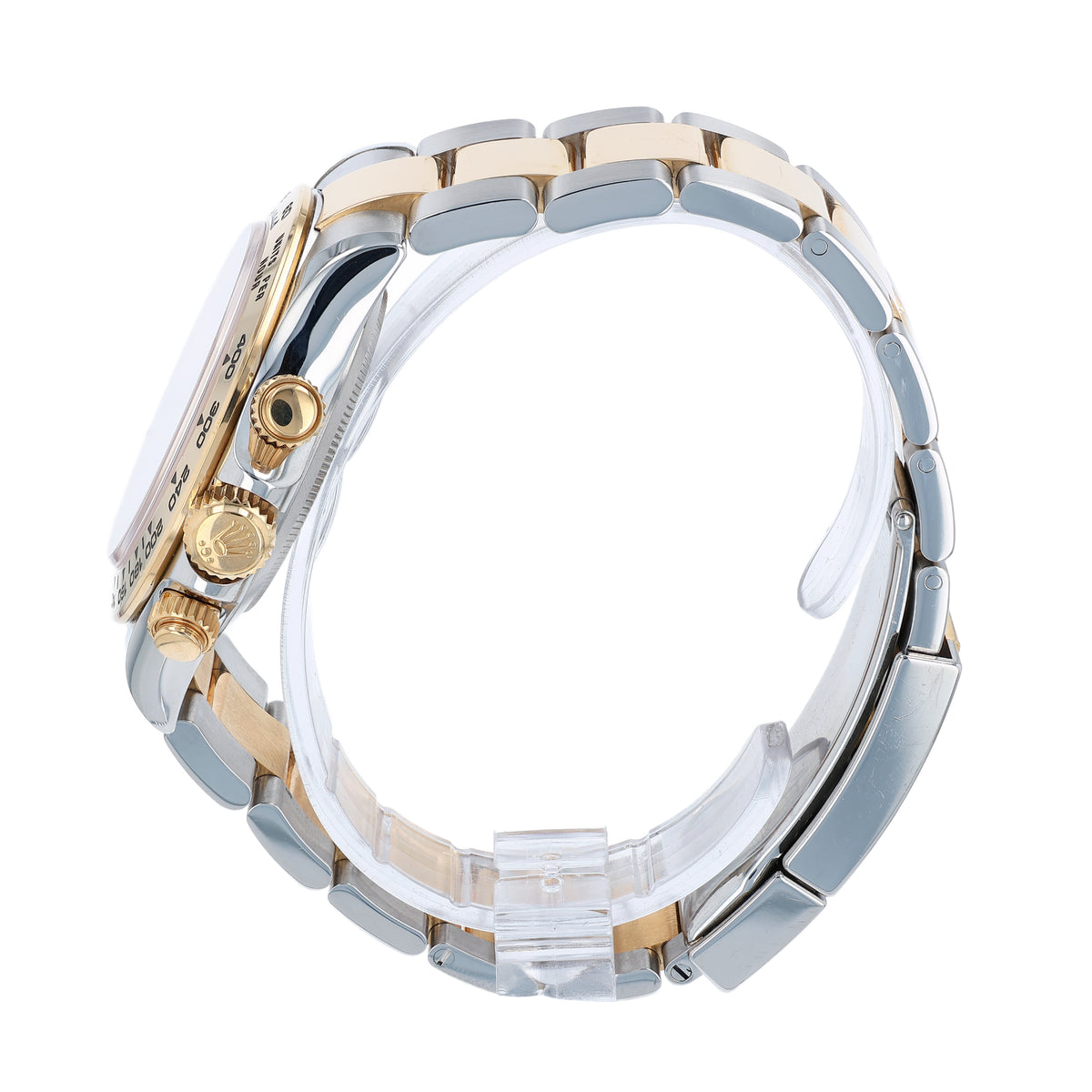 Side profile of a two-tone Rolex watch on a white background