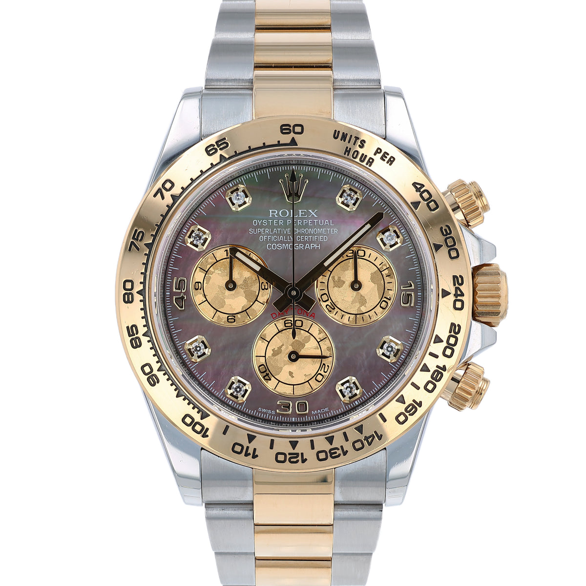 Two-tone Rolex watch with a grey mother of pearl dial and gold sub dials on a white background