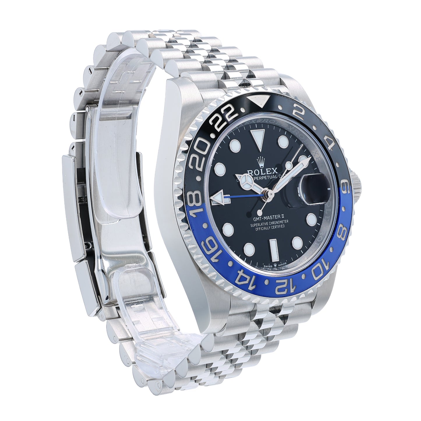 Angle of a Rolex watch with a black dial and blue and black bezel on a white background