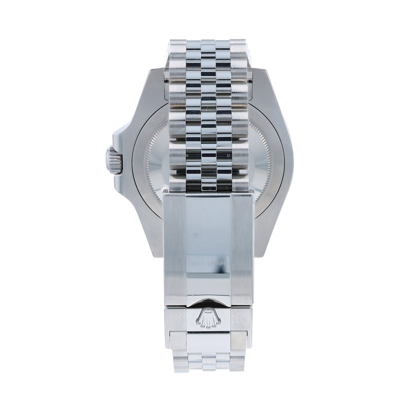 Back angle of a silver Rolex watch on a white background
