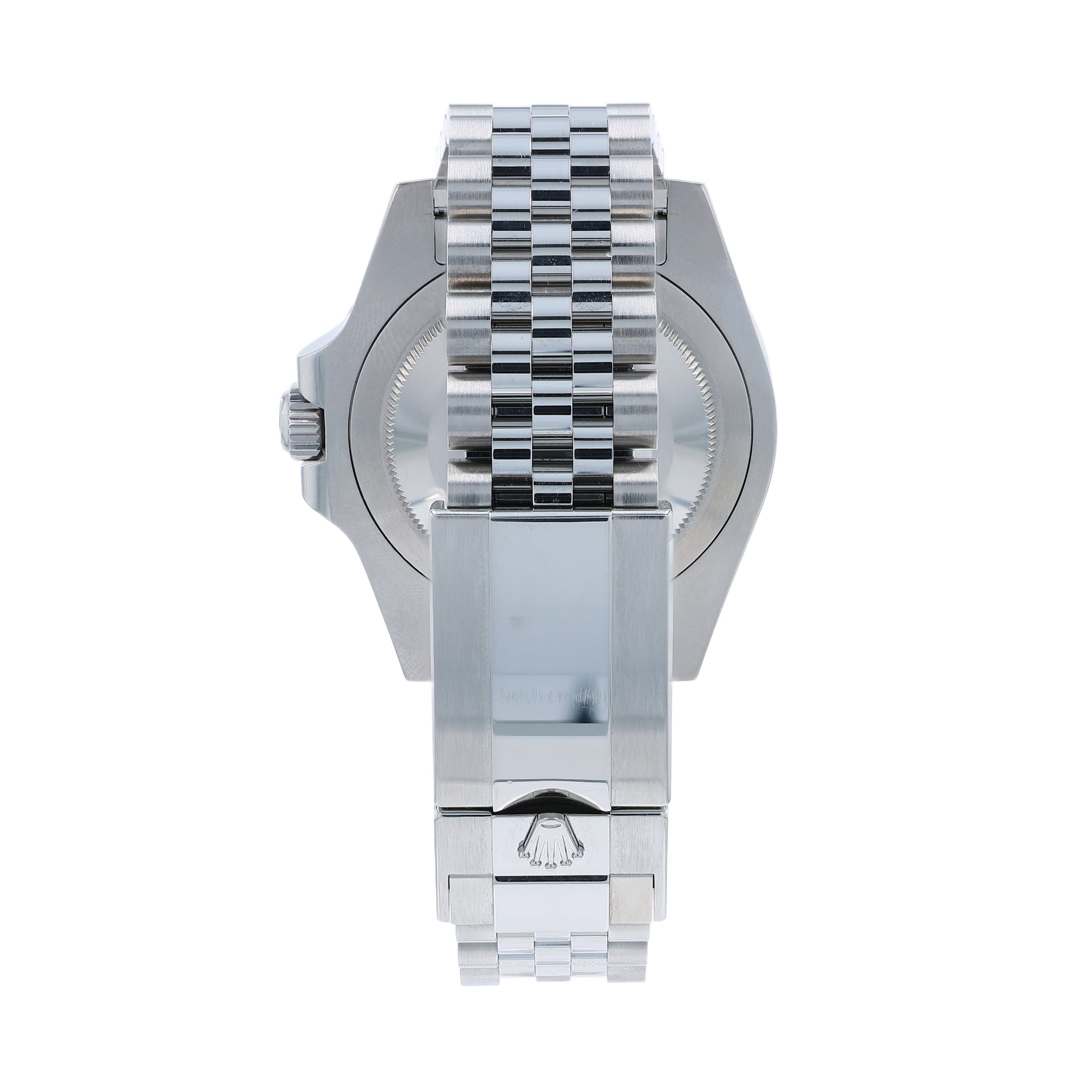 Back angle of a silver Rolex watch on a white background