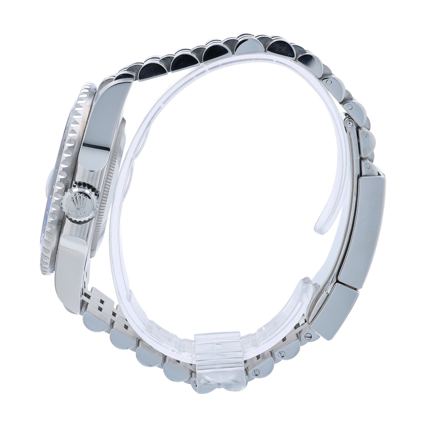 Side profile of a silver Rolex watch on a white background