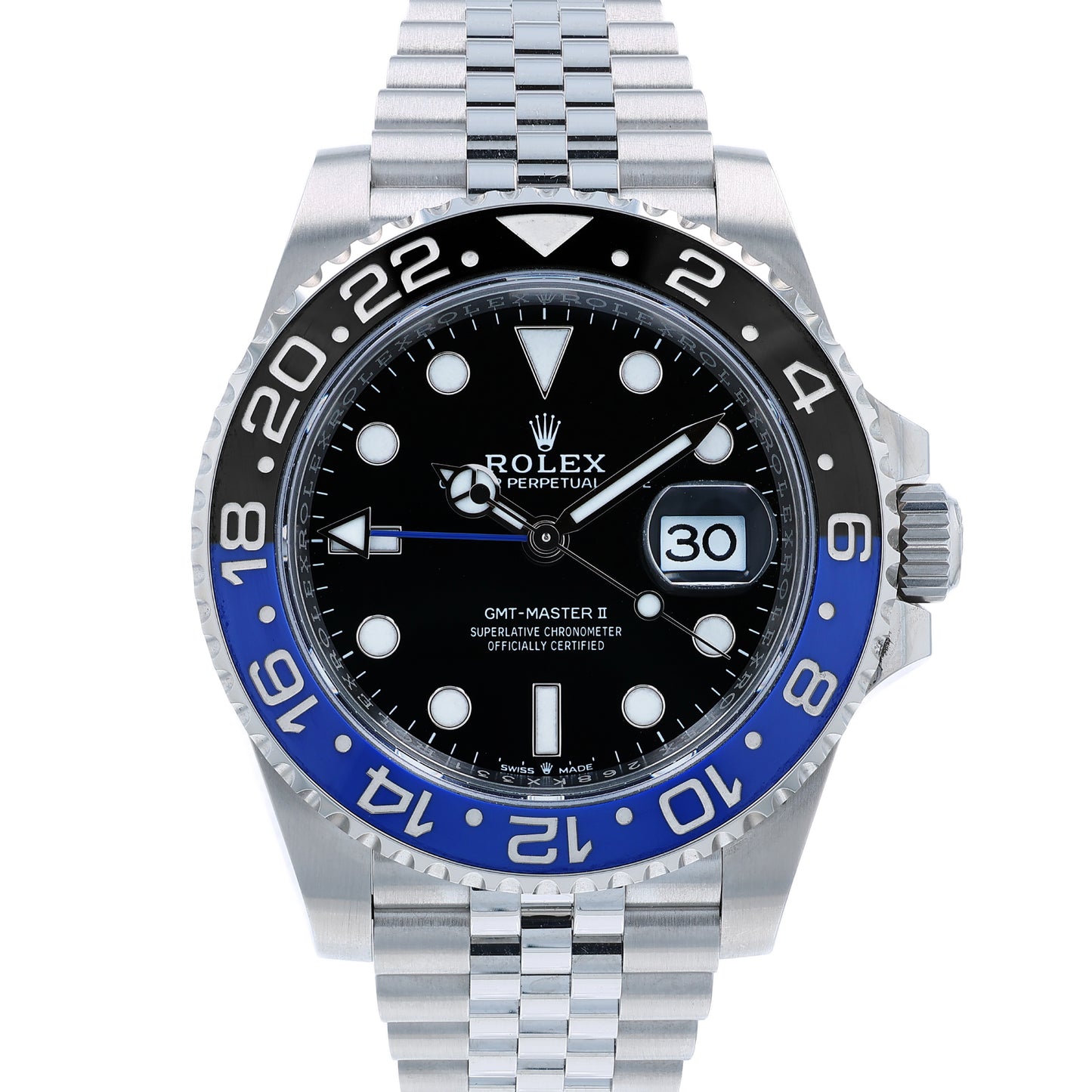 Rolex watch with a black dial and blue and black bezel on a white background