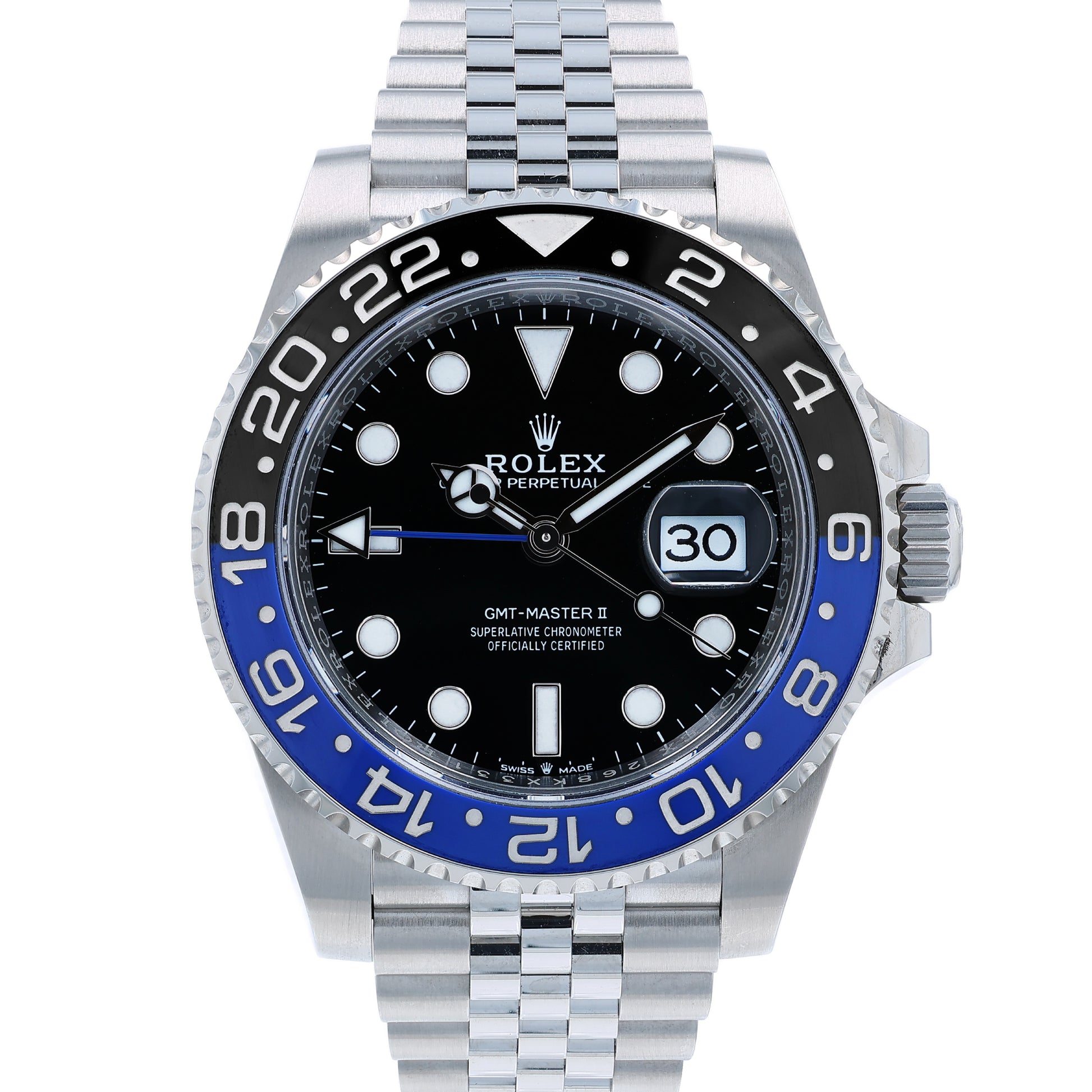 Rolex watch with a black dial and blue and black bezel on a white background