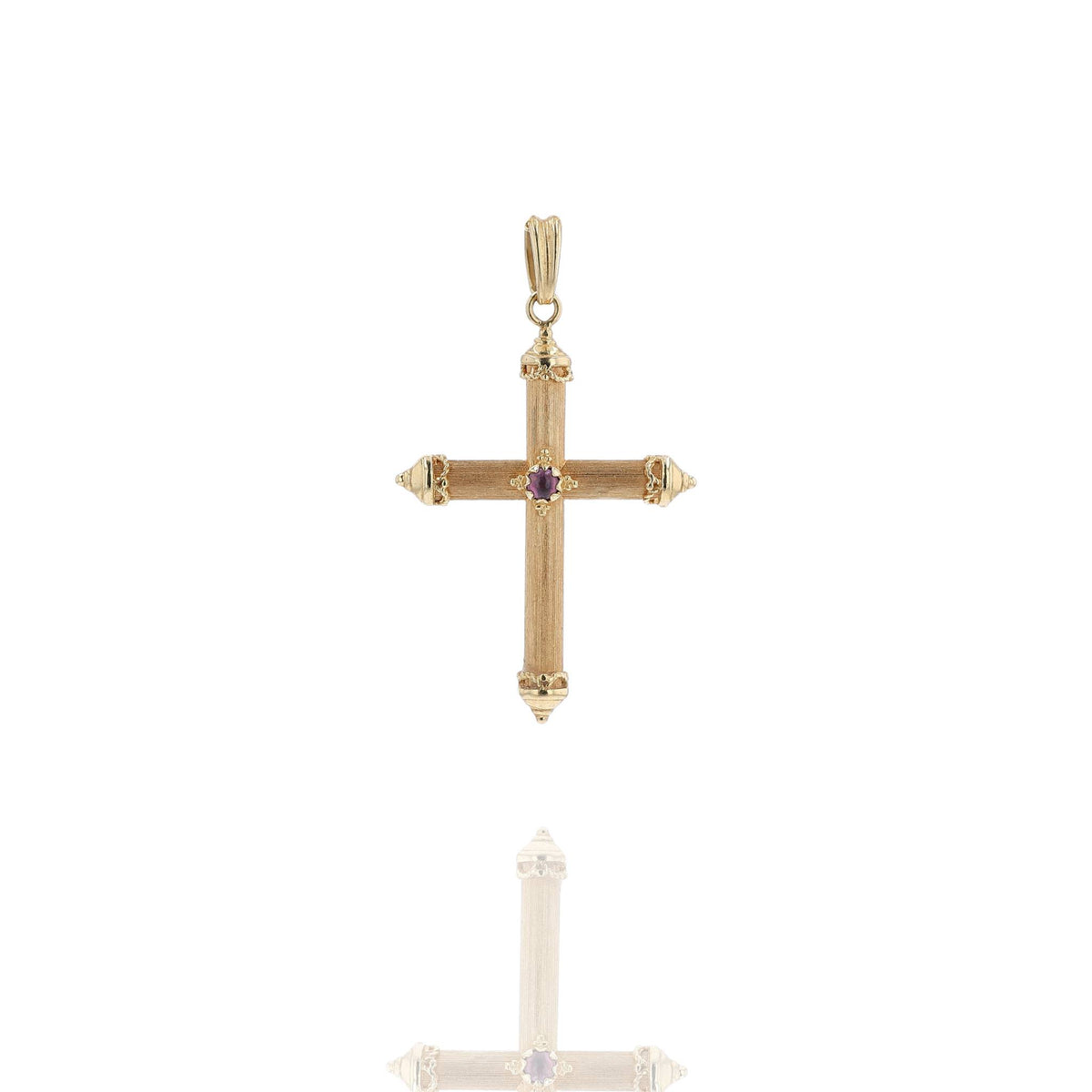 Estate 18k Yellow Gold and Round Amethyst Cabochon Textured Cross Pendant No Chain