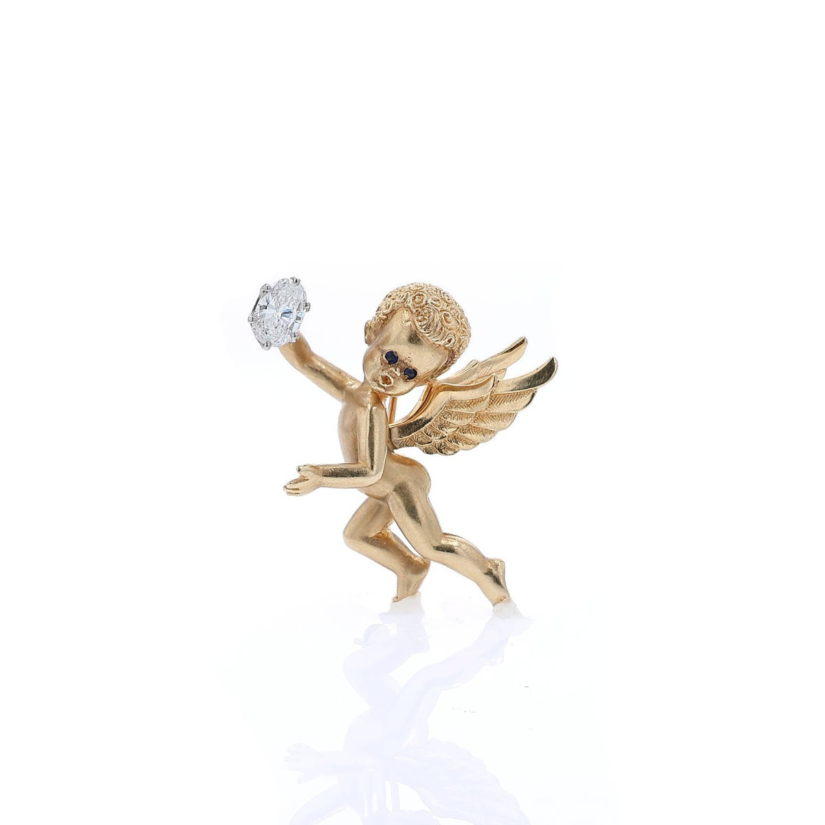 Estate 14k Yellow Gold Round Sapphire and Diamond Cherub Pin