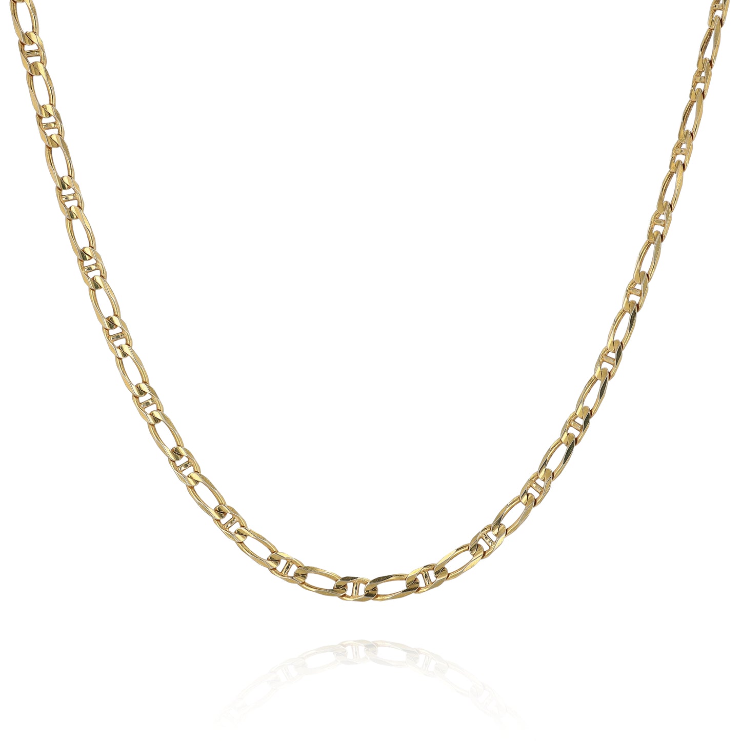 Yellow gold modified anchor link chain necklace on a white background