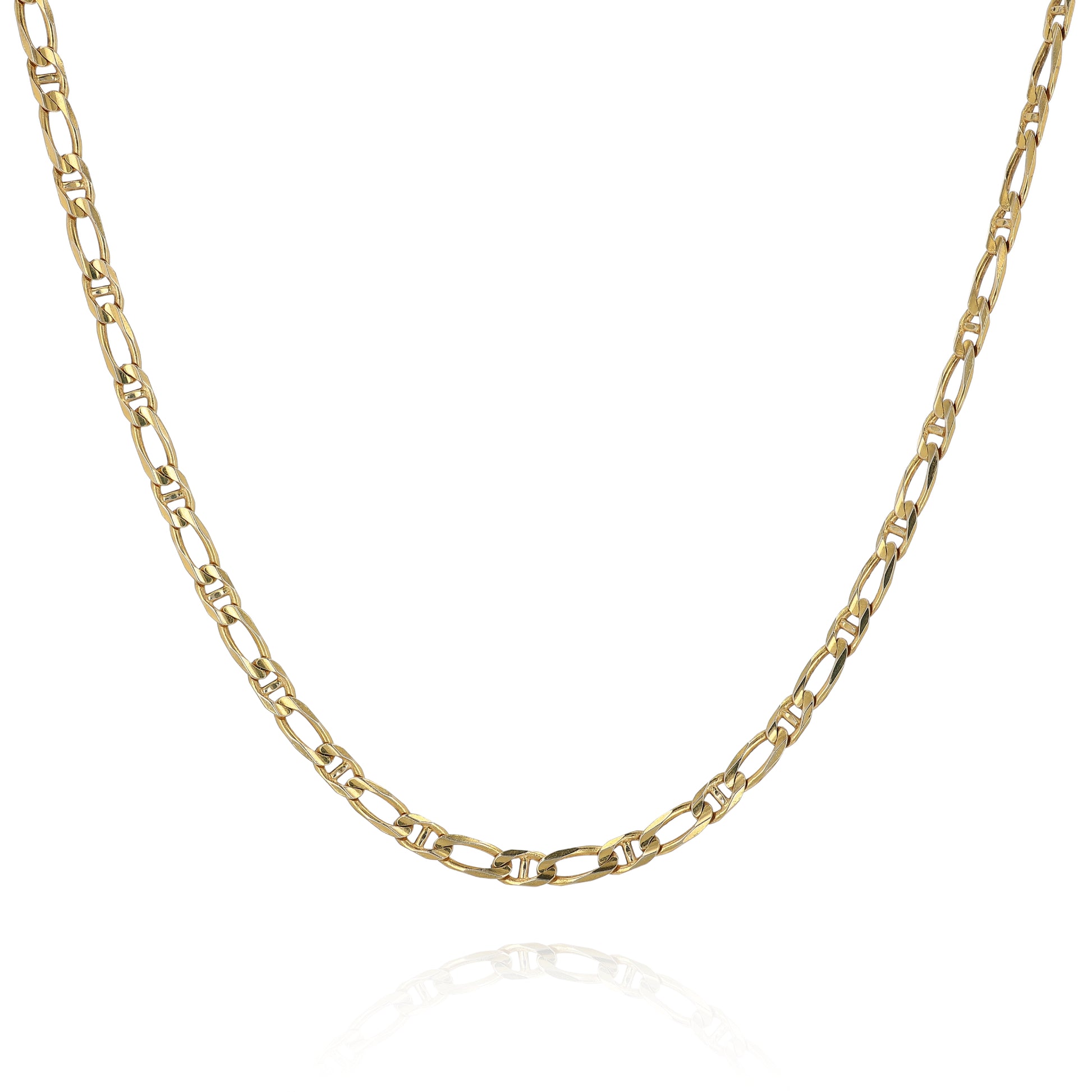 Yellow gold modified anchor link chain necklace on a white background