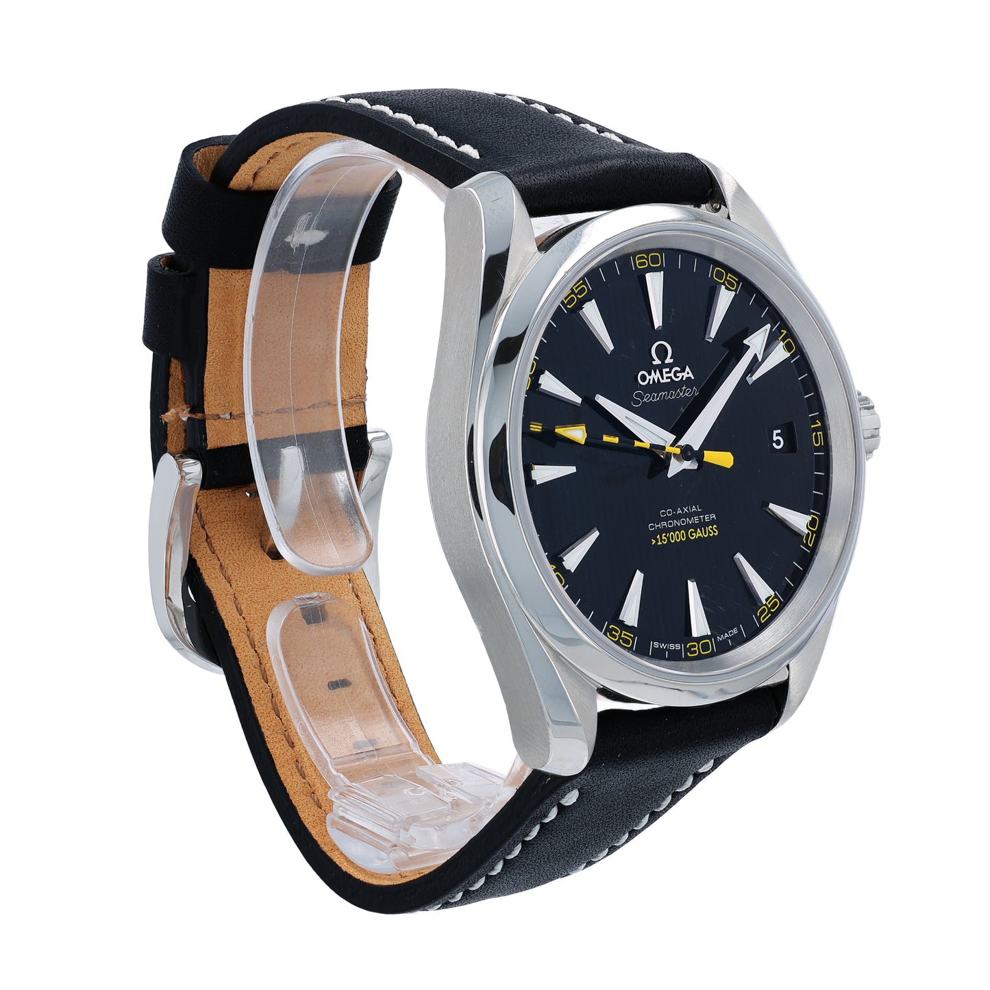Omega Seamaster watch with black dial and leather strap on a white background