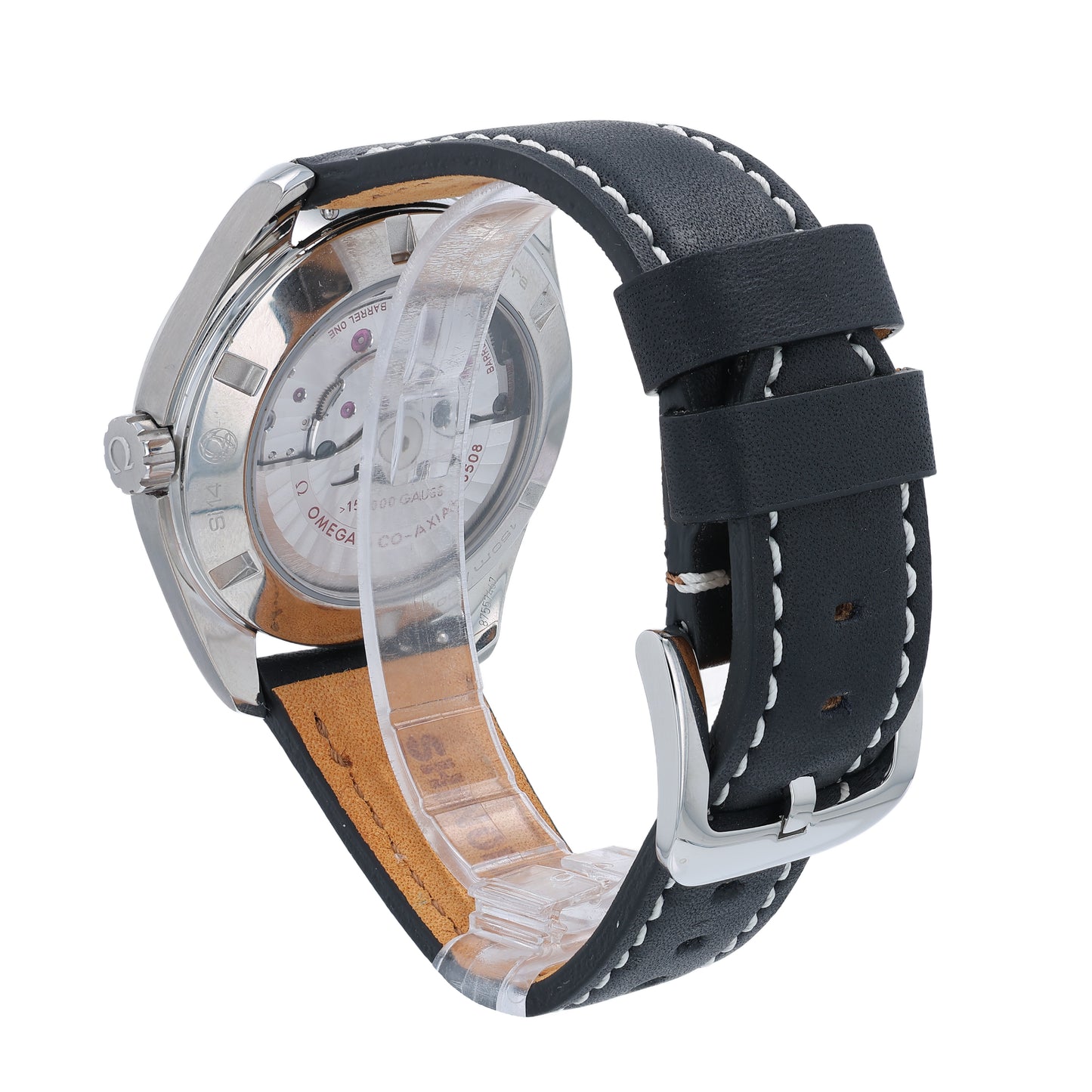 Omega Seamaster watch with black dial and leather strap on a white background