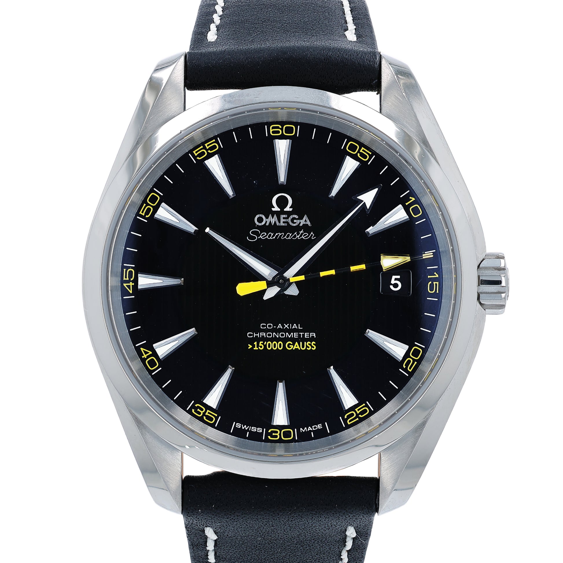 Omega Seamaster watch with black dial and leather strap on a white background