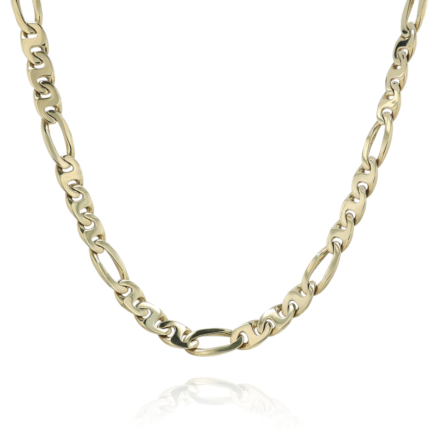 Yellow gold figaro link chain necklace on a white background