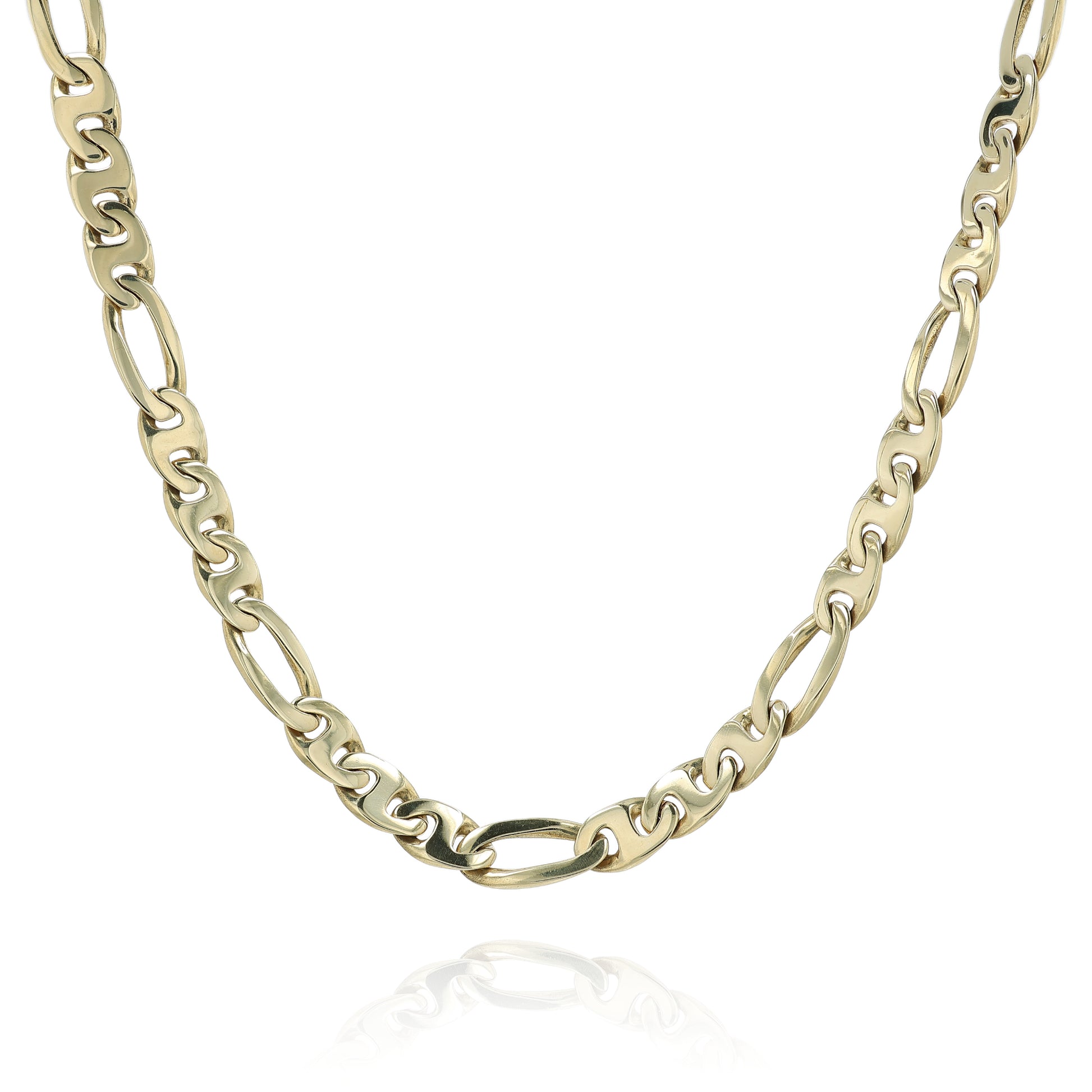 Yellow gold figaro link chain necklace on a white background