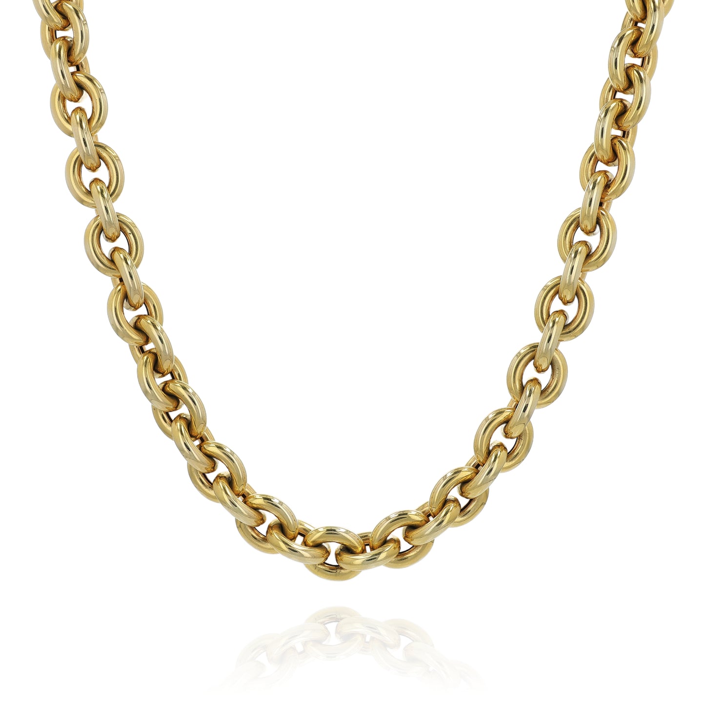 Yellow gold oval link chain necklace on a white background