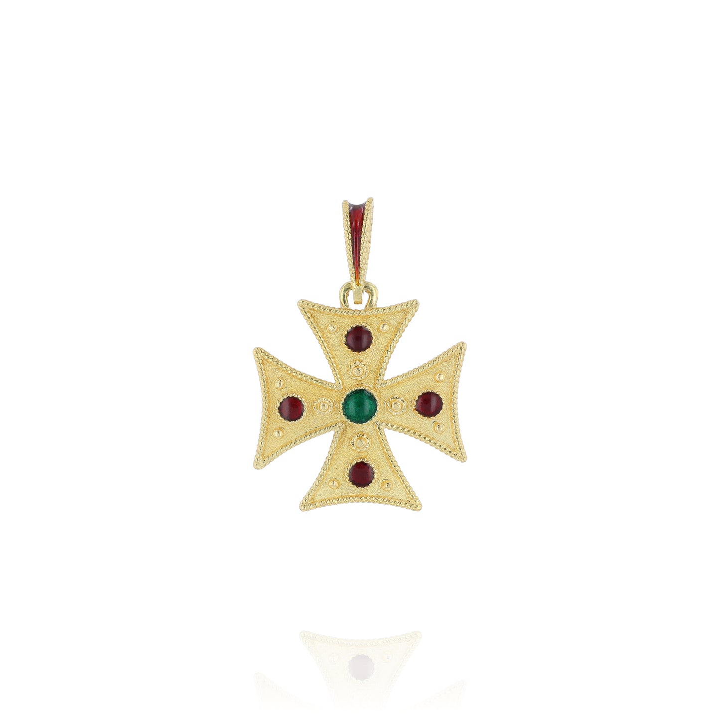 Yellow gold textured cross pendant with red and green glass accents on the face and red enamel on the bail on a white background