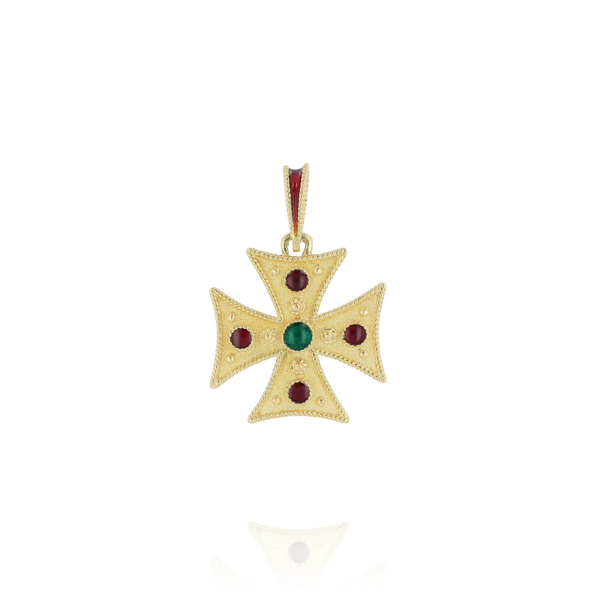 Yellow gold textured cross pendant with red and green glass accents on the face and red enamel on the bail on a white background