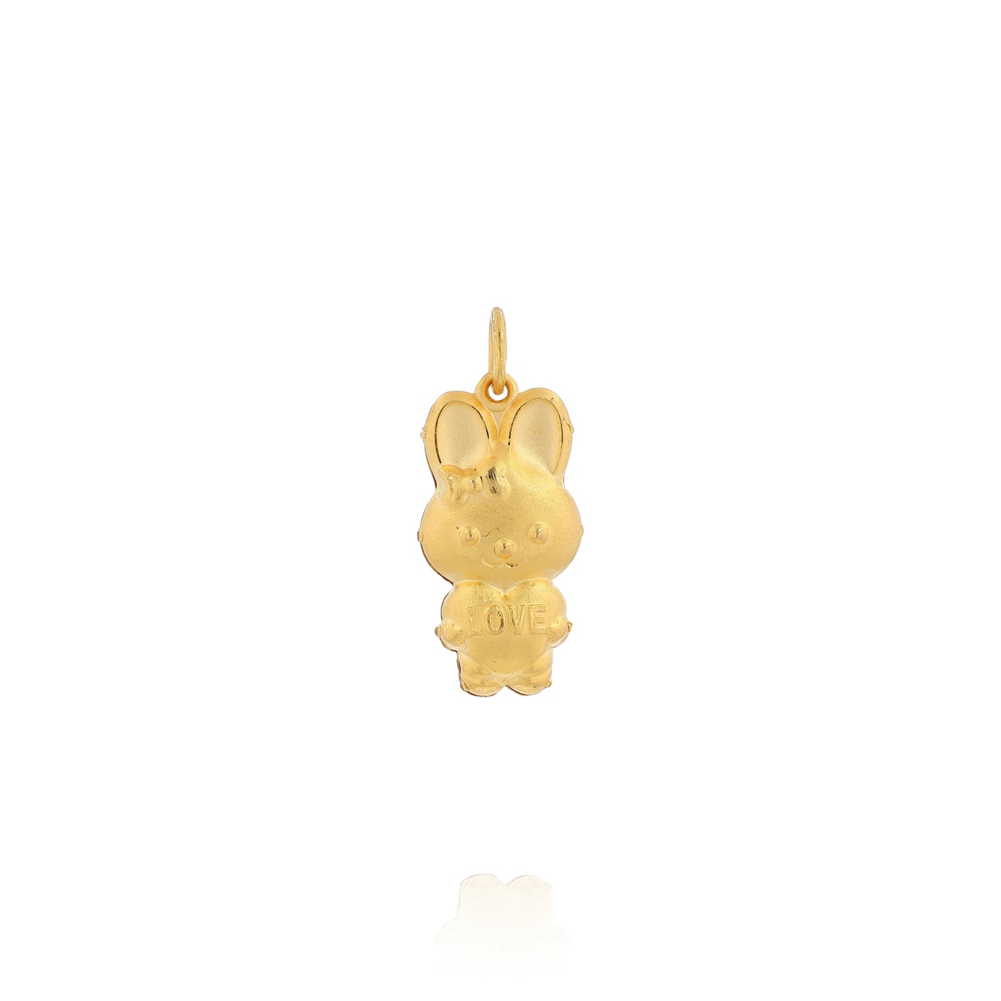 Yellow gold brushed bunny pendant holding a heart reading "LOVE" on a white background