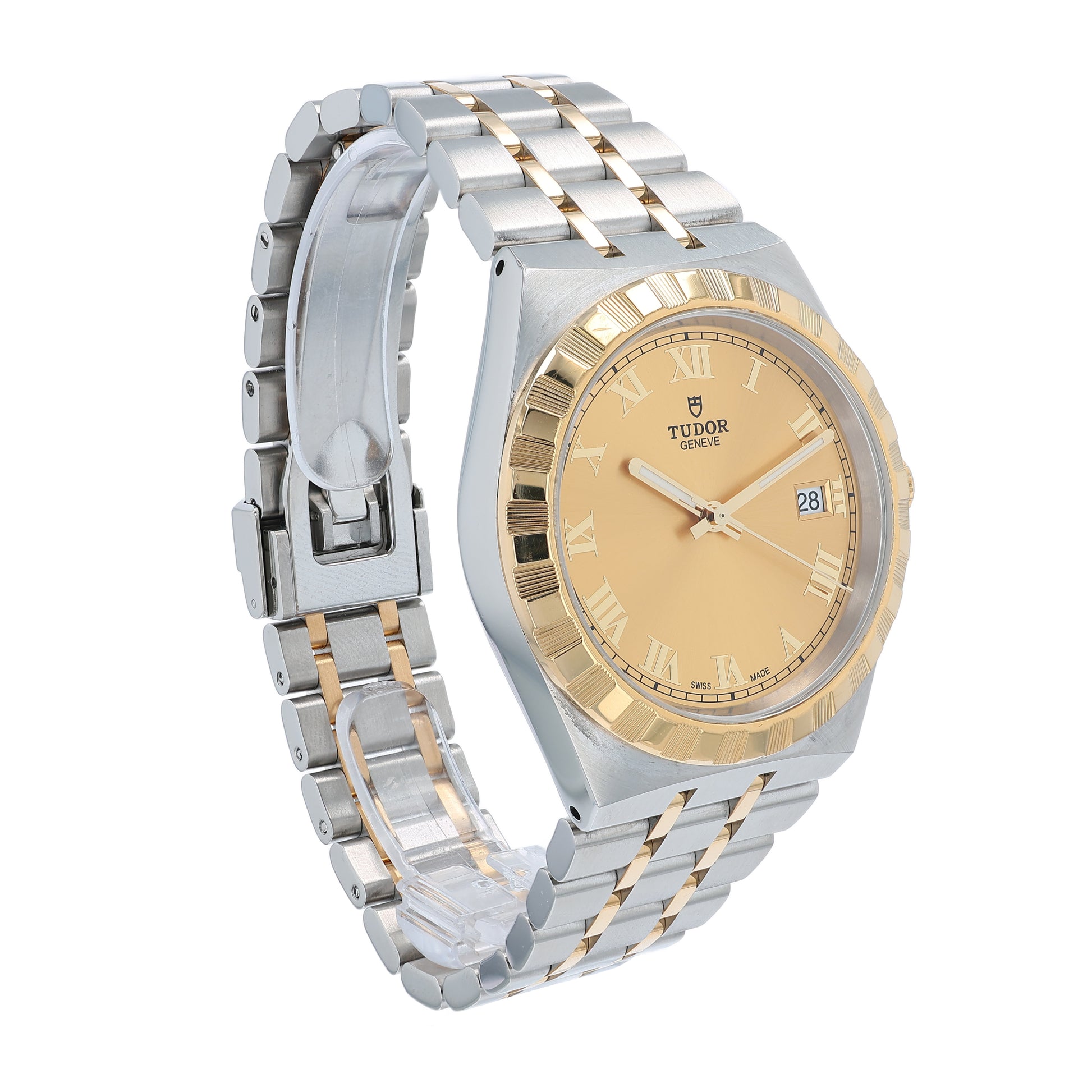 Two-tone Tudor watch with gold and silver band on a white background