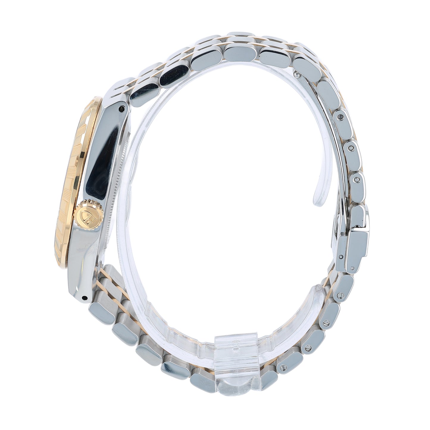 Side profile of a two-tone Tudor watch with gold and silver band on a white background