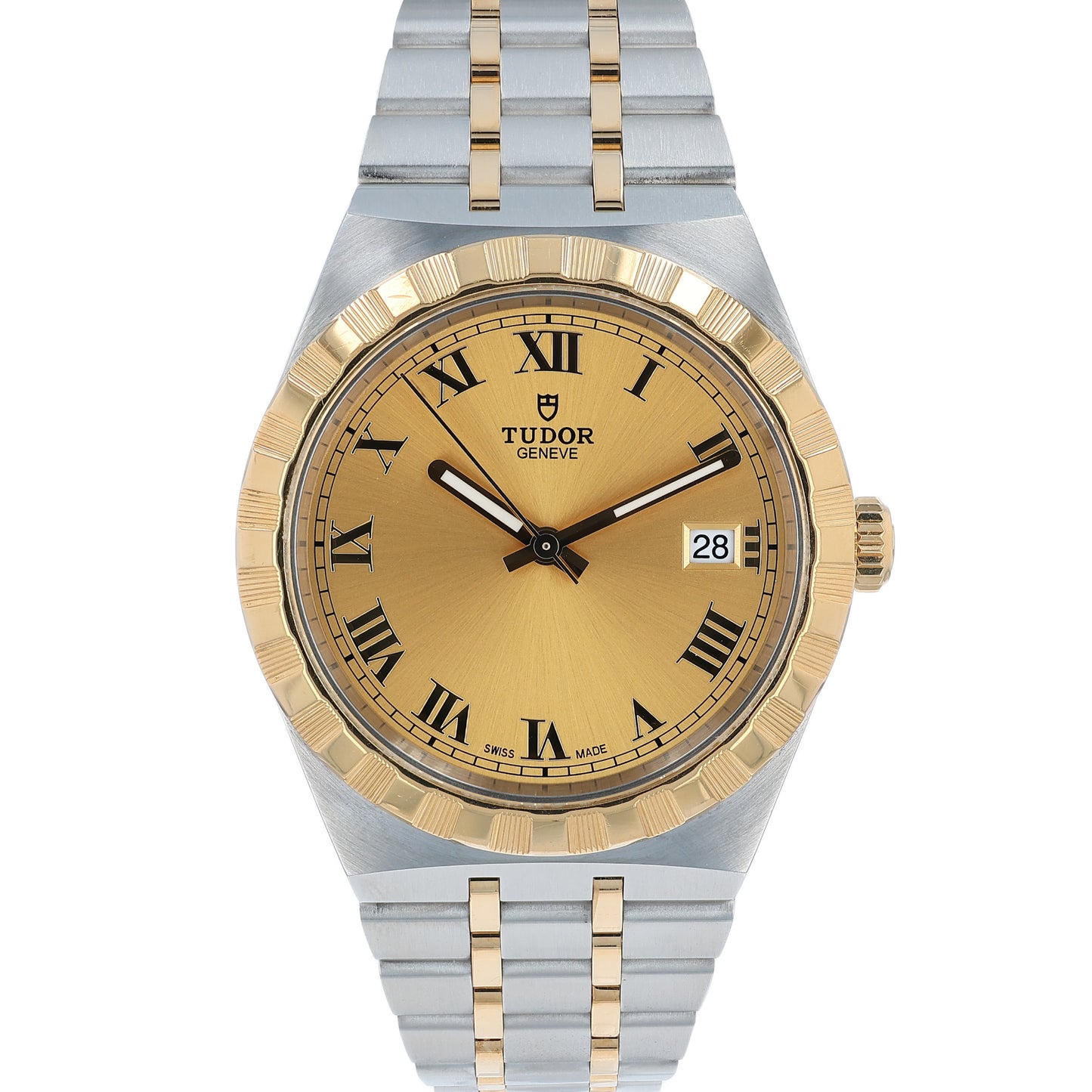 Tudor watch with gold face and two-tone metal strap on a white background
