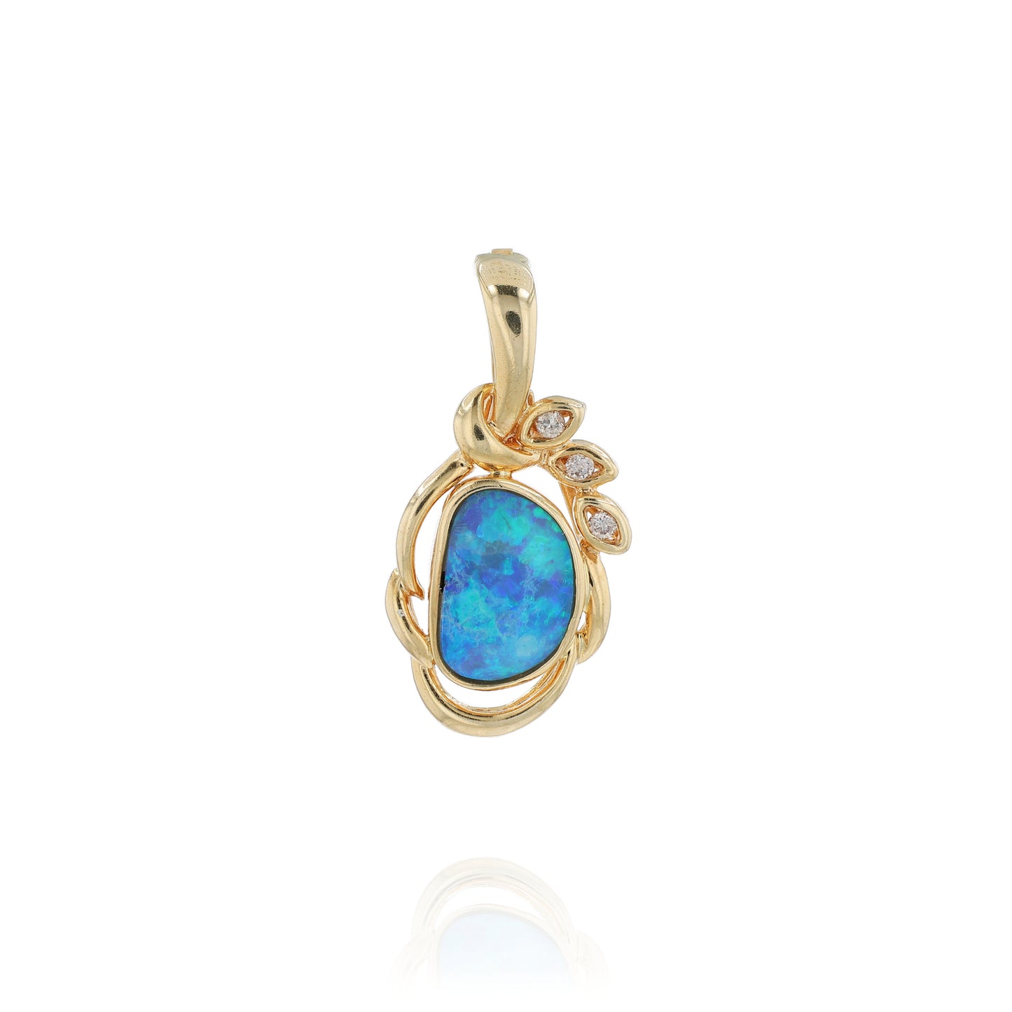 Yellow gold freeform opal and diamond enhancer pendant on a white background