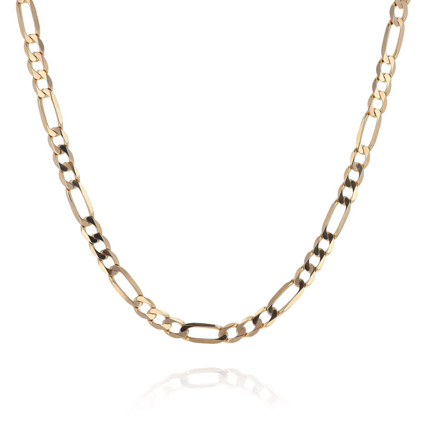Yellow gold figaro link chain necklace on a white background