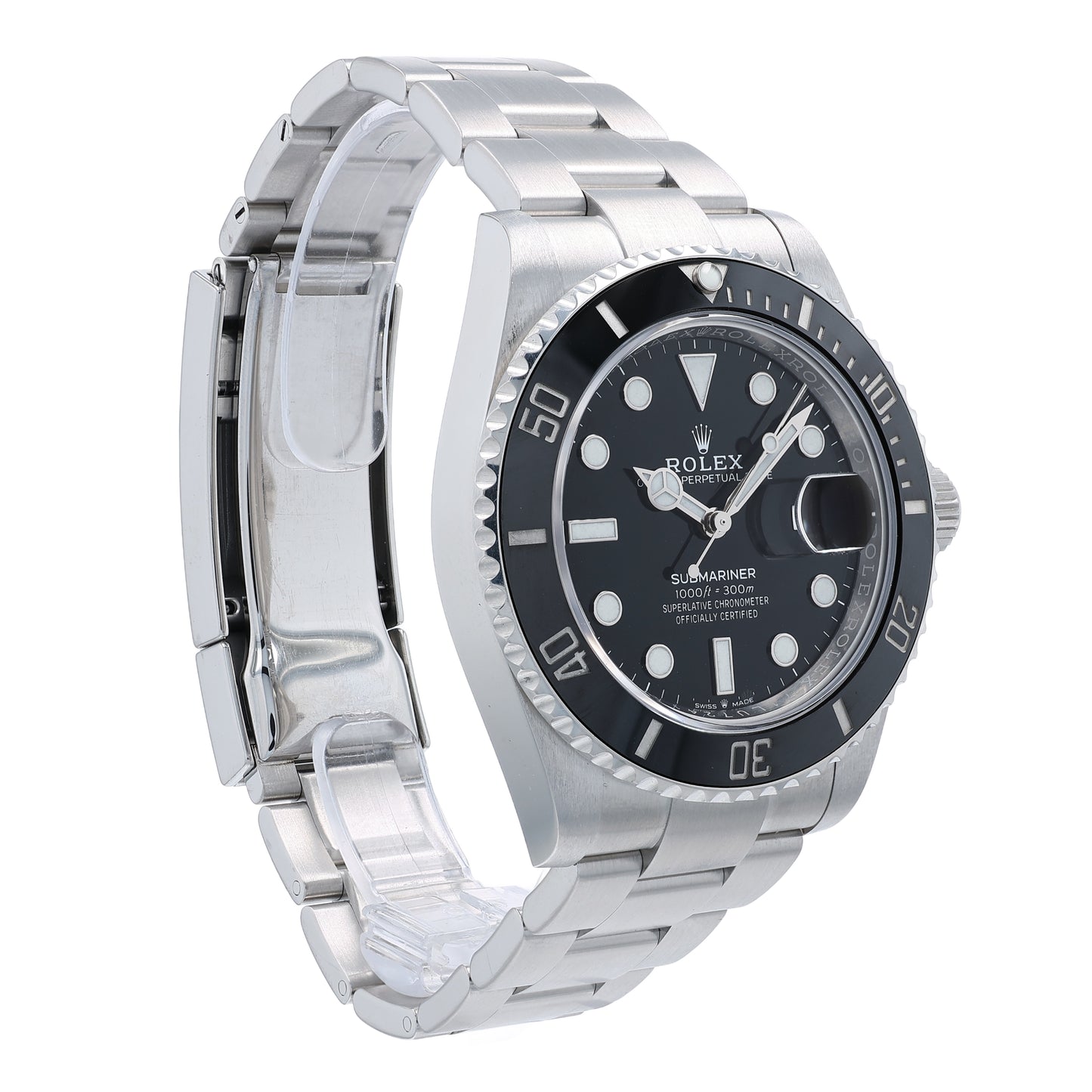 Angle of a Rolex Submariner watch with a black dial and ceramic bezel on a white background