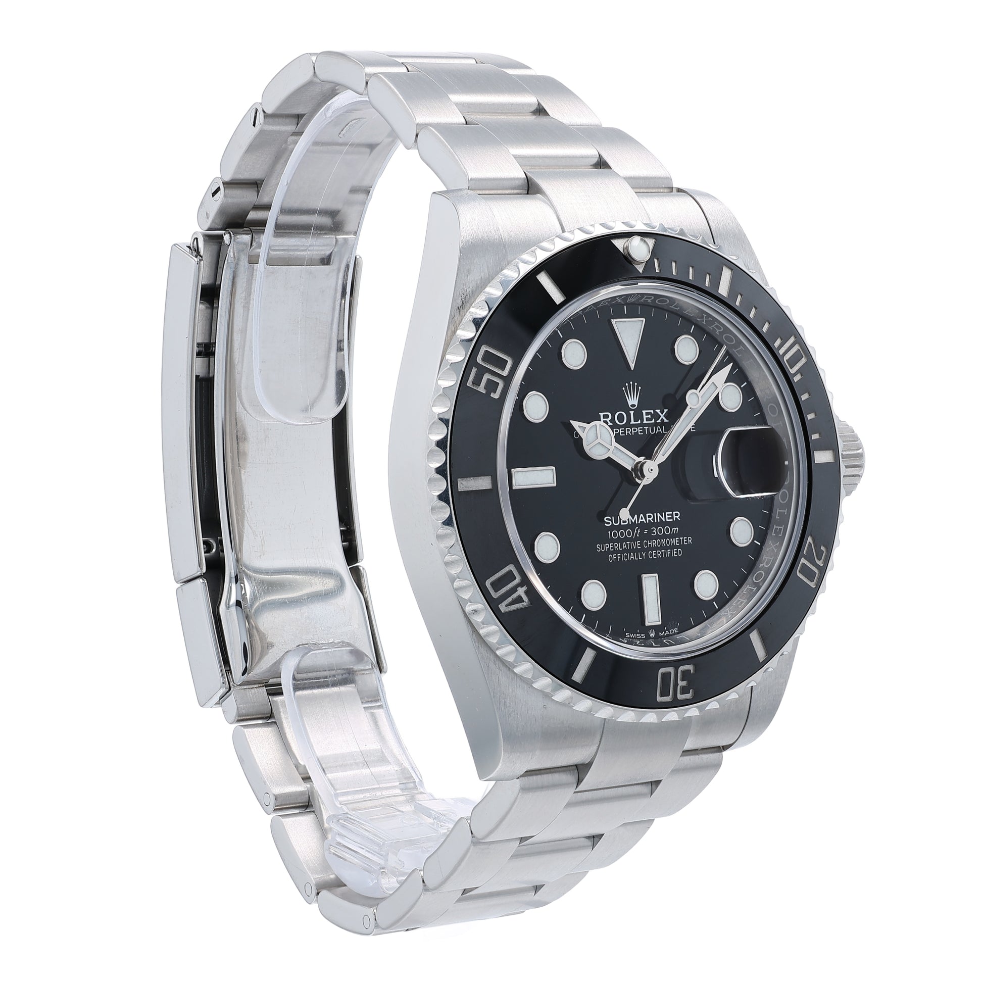Angle of a Rolex Submariner watch with a black dial and ceramic bezel on a white background