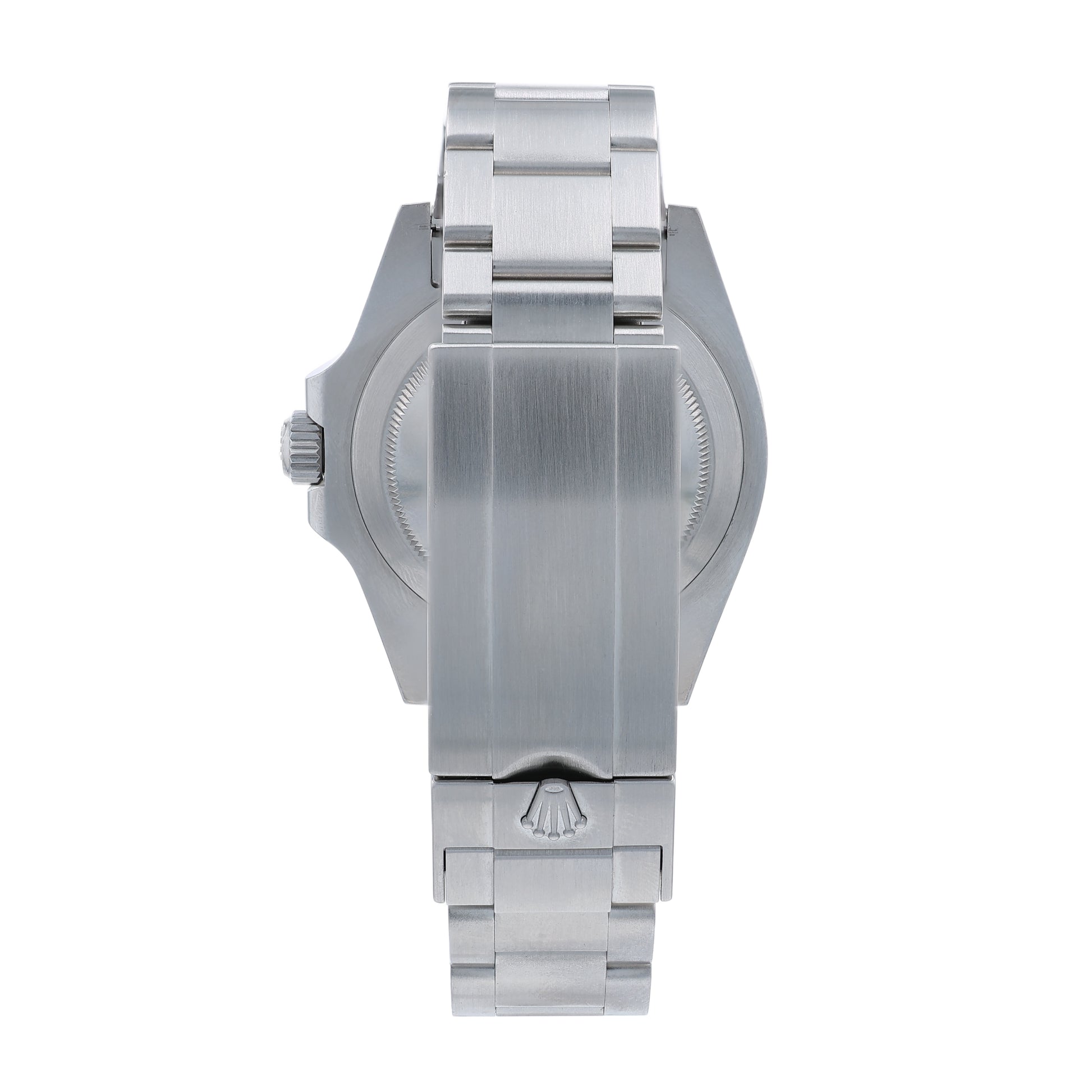 Back angle of a silver Rolex Submariner watch on a white background