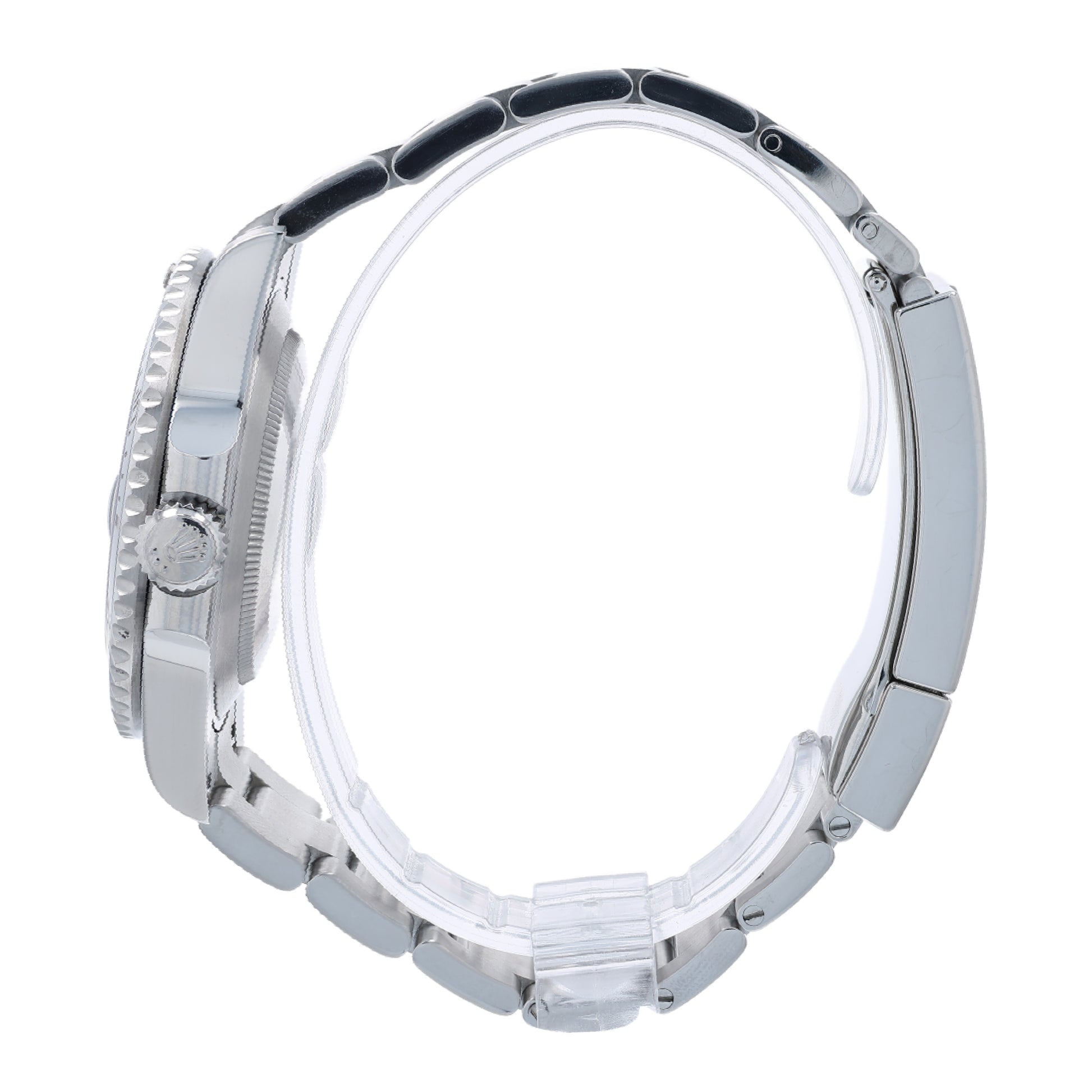 Side profile of a silver Rolex Submariner watch on a white background