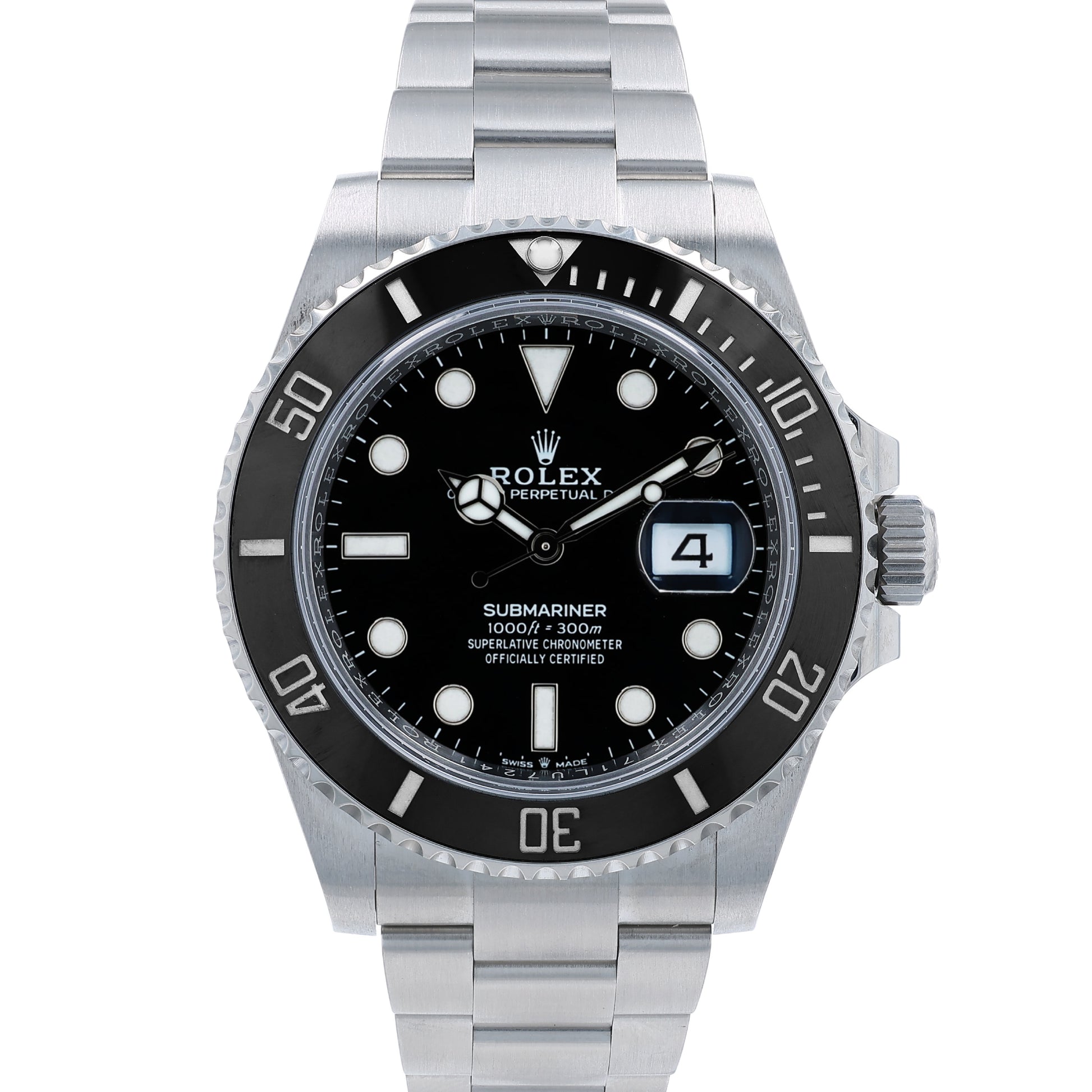 Rolex Submariner watch with a black dial and ceramic bezel on a white background