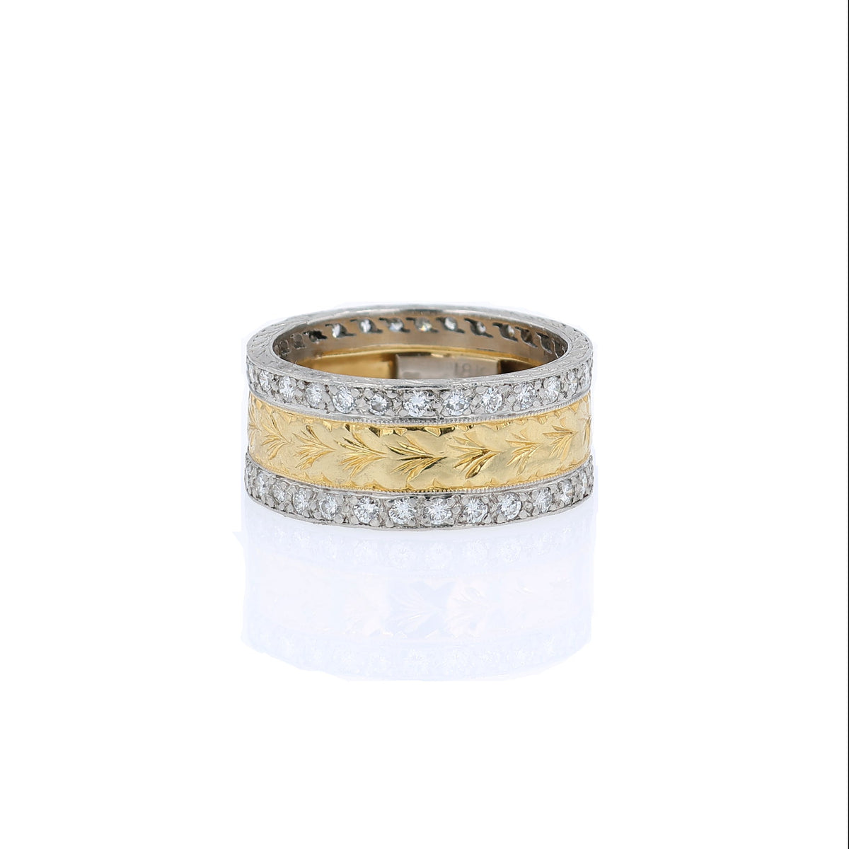 Estate Coast 18k Yellow Gold Platinum and Diamond Engraved Center Eternity Band